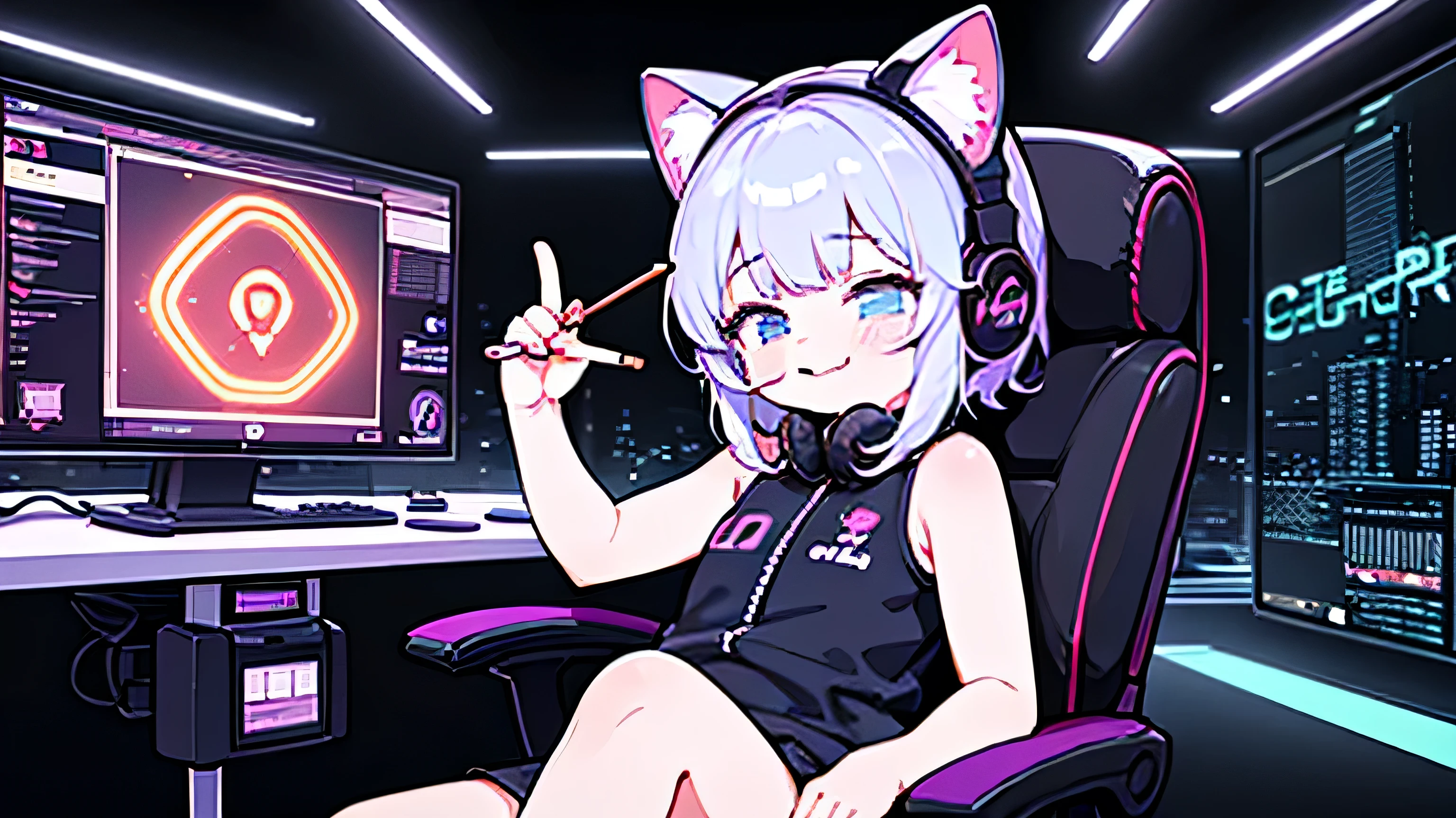 Hacker Loli 
With an innocent smile, she dismantles even the strongest cyber defenses, Hacker girl, petite, cute, sleeveless, shorts, headphones with cat ears, holding a Pocky stick, squinting, reclining in a gaming chair, touching a holographic panel. Cyberpunk room, neon lines, surrounded by multiple floating holographic panels displaying data.