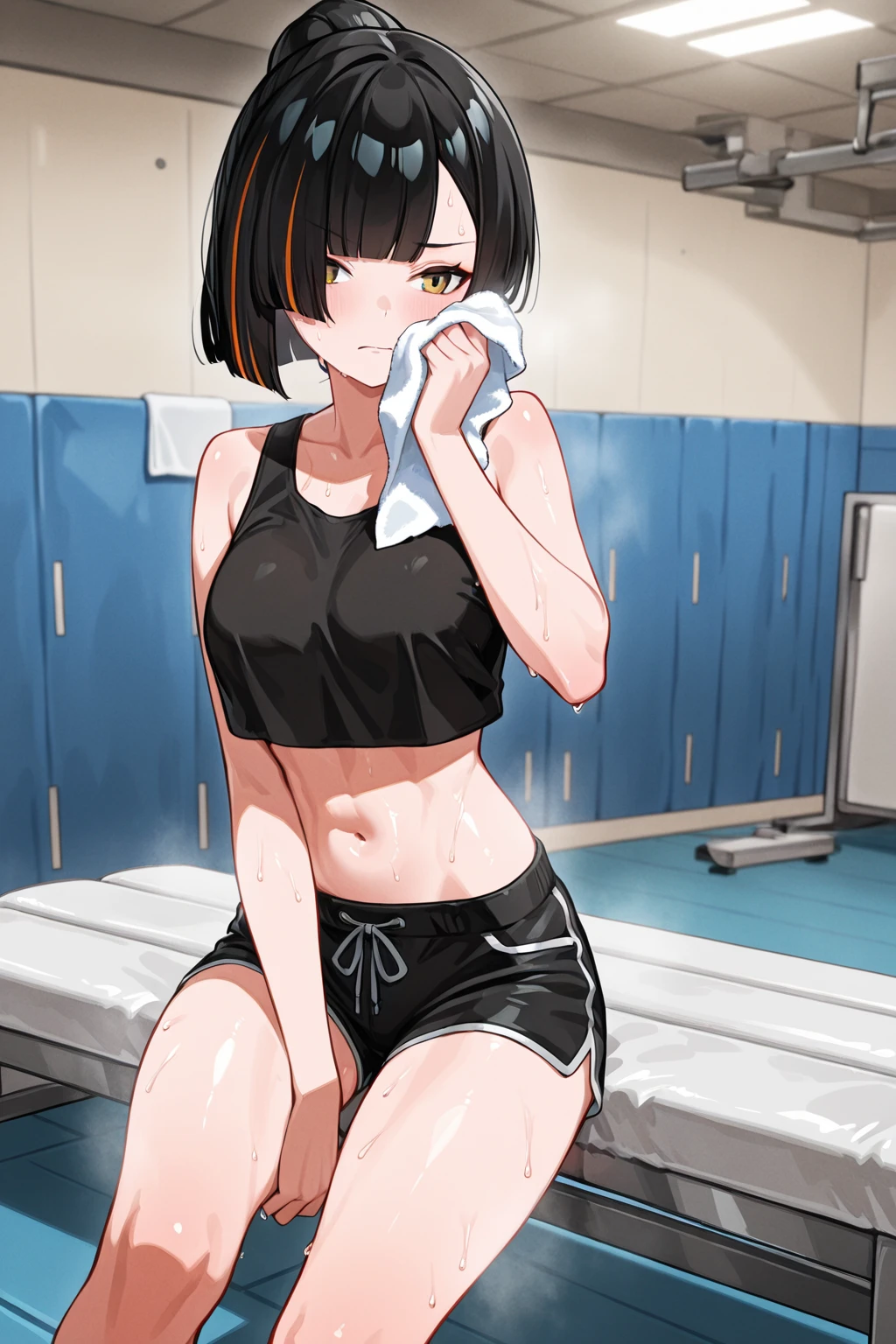 Bobcut、Black-haired 、Sweating at the gym、Desperate form、Sweaty、indoor、Many other guests、Disheveled clothing、White panties、in motion、Grit your teeth、Squat