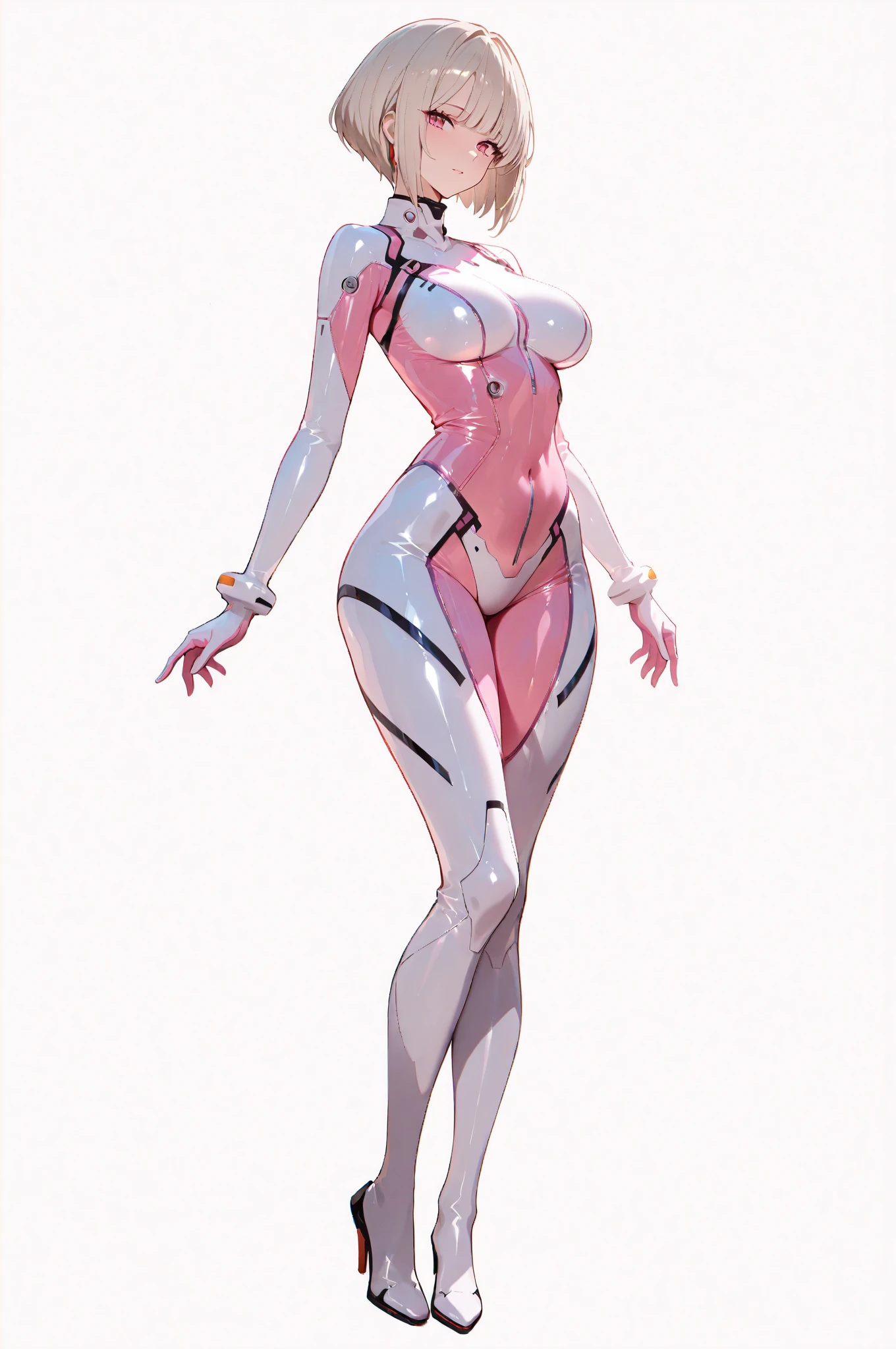  great quality,   top quality with full nudity behind，Android18 ， her breasts are so soft，   blue eyes，  dark hair， alone,   Shoot her full body  　， pink background,  Latex Rubber Suit Costume， standing，Armor weapons of the near future