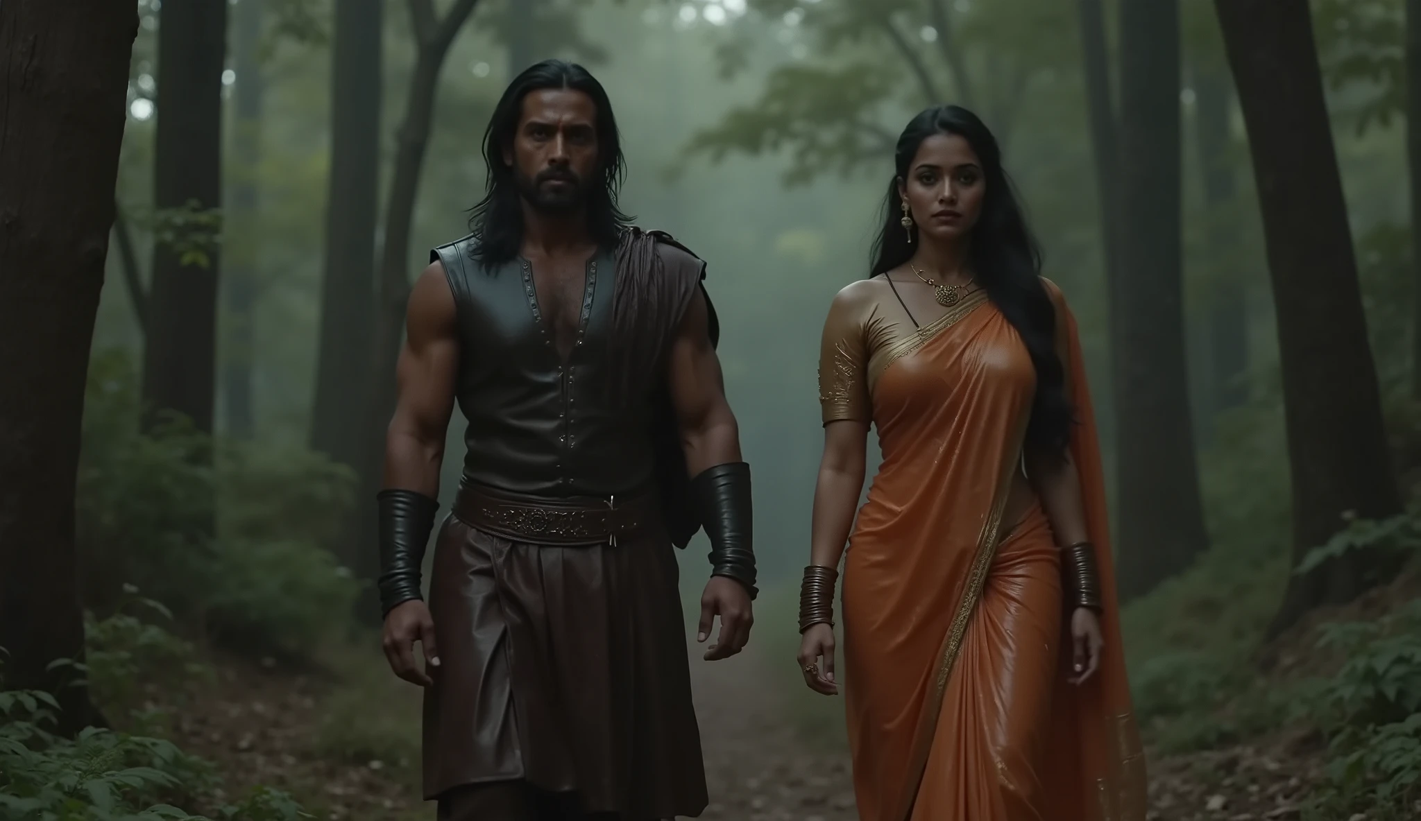 A Full HD cinematic scene of a 25-year-old Indian man from the Iron Age, rugged look, wearing ancient leather clothes, standing in a mysterious forest. Opposite to him stands a 25-year-old Indian woman, wearing a saree and a half-sleeved blouse. They are walking, their expressions deep and intense in the dark forest