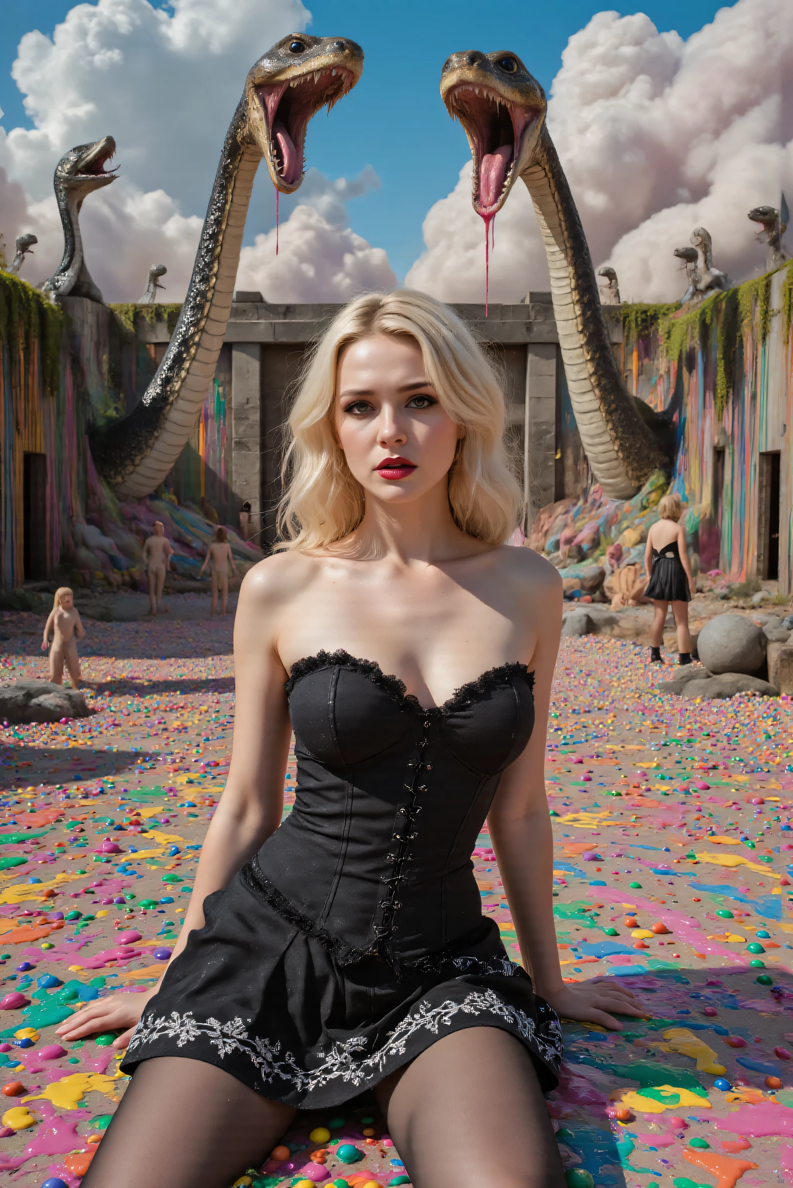 An ultra-realistic, photo-realistic, and cinematic fantastical scene The ground is a vivid, swirling river of rainbow hues, resembling a psychedelic liquid or glittering foam. It looks like burnt plastic mixed with melted crayons.
The walls are adorned with countless colorful spheres, and the heads and bodies of smaller snakes pop out of the walls, adding texture and depth to the scene, reminiscent of an otherworldly playground.
The light in the scene is bright, casting subtle shadows and highlighting the glossy surfaces, imbuing the image with a dreamlike quality. The overall atmosphere is one of playful chaos, where reality seems to bend in kaleidoscopic wonder. Mad details and a hallucinogenic feel reminiscent of old Betty Boop cartoons. A mix of realism and claymation.
Ultra-realistic, photo-realistic, ultra-detailed, insane 3D realism, cinematic photography, cinematography, full focus, UHDR, professional movie quality images, icon style, iconic character, hypersensual, hyperrealistic, startling presence, dramatic icon, impactful, powerful, emotive, evocative, captivating, mesmerizing, hypnotic, trance-inducing, mind-bending, consciousness-expanding, enlightening, masterpiece. T
An ultra-realistic, photo-realistic, and cinematic fantastical scene unfolds in a surreal landscape filled with vibrant colors and whimsical details. Two enormous snake-like creatures with menacingly open mouths tower overhead, one on the left one on the right, their bodies weaving through fluffy, cloud-like formations in the background. The ground is a vivid, swirling river of rainbow hues, resembling a psychedelic liquid or glittering foam. It looks like burnt plastic mixed with melted crayons.
Surrounding the river are numerous humanoid figures styled like alien mutants, each involved in varied activities. Some stand gazing at the scenery, others interact with the colorful orbs that are strewn throughout the area like oversized beads. The walls are adorned with countless colorful spheres, and the heads and bodies of smaller snakes pop out of the walls, adding texture and depth to the scene, reminiscent of an otherworldly playground.
The light in the scene is bright, casting subtle shadows and highlighting the glossy surfaces, imbuing the image with a dreamlike quality. The overall atmosphere is one of playful chaos, where reality seems to bend in kaleidoscopic wonder. Mad details and a hallucinogenic feel reminiscent of old Betty Boop cartoons. A mix of realism and claymation, ultra-real and LSD surreal, dreamlike, twisted, experimental art, extreme psychedelic psychotrance, and vibrant energy. Cinematic photography, realistic vision, hyperrealism, ultra-detailed, 8k, UHDR, high-res, startling presence, icon style, intricate details, dramatic colors smeared across the scene capture an exquisite blend of organic
growth and chemical staining patterns that resemble abstract biomechanical shapes fitted together and mounted in a tropical fever-induced dream. An avant-garde masterpiece. An extremely beautiful young woman with very long wavy hair, pale porcelain skin, long eyelashes, dark heavy gothic make-up, dark red lipstick, gloss, a large chest, wearing a black corset with white laces that she overflows out of, a short black skirt with white embroidery, black stocking, very high heels, spectator pumps, Extremely attractive young woman, princess, babe, Parted Lips, direct eye contact with the viewer, sexy poses, sparkling eyes, sad expression, hypersensual, provocative, icon style, iconic character, alluring young female, model, pretty, high quality, 8k, cinematic photography, cinematic portrait, portrait photography, cinematography, ultra-detailed, physically-based rendering, professional movie quality images, awe-inspiringly, striking facial features, intricate eyes, endearing face, goddess-like, incredible body, full curves, a masterpiece.