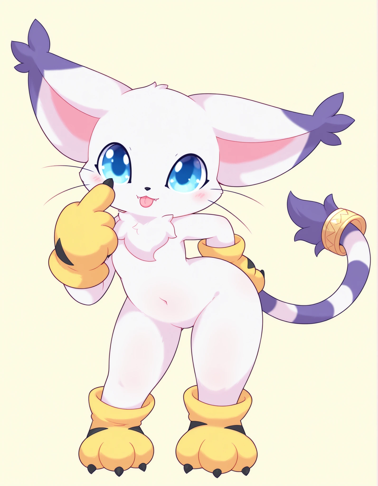 pearlykf, pokemon (creature), furry,, safe, digimon, gatomon, felid, feline, absurd res, full-length portrait, hi res, black nose, blue eyes, blush, clothing, cute fangs, dipstick ears, ear tuft, eyelid pull, eyelid pull taunt, featureless crotch, front view, glistening, glistening eyes, gloves, gloves only, hand on hip, handwear, handwear only, leaning, leaning forward, looking at viewer, looking up, markings, mostly nude, multicolored ears, paw gloves, plantigrade, raised tail, simple background, solo, standing, striped markings, striped tail, stripes, tail, tail markings, tail tuft, tongue, tongue out, tuft, whiskers, yellow background,, gatomon, white fur, big yellow gloves, tail ring, paw gloves, claws