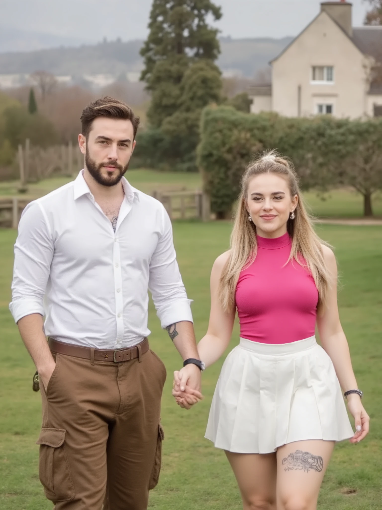 Couple, Young man, tall, handsome, beard, white complexion, wears a white shirt and brown trousers. 1Blonde girl, Short stature , cute, lovely gorgeous babe of 22 y.o. curvy slim, slim, busty, cute and sweet but with teasy features, ((has 22 y.o.)), cute face, ((big breasts)), (thick legs), (big ass:1.5), (((hot and suggestive)), very detailed face, (hot sexy essence with very voluptuous body but slim and fit)), ( (curveous sexy body) (earrings), very long Hair, Blonde Hair, Puffy ponytail, ((wears pink bgym top, white skirt, pleated skirt), volume straight blonde hair, posing for a picture, flipped out hair, feathered hair, intriguing volume flutter, redahair and attractive features, long straight blonde hair, long fluffy blond hair, large highlights, hairstyle, a girl with blonde hair, long hairstyle, blonde and attractive features, a gorgeous blonde, smile. Background luxuring outdoors, (walking hand in hand), Coquette, happy, front view, ponytail, hair ribbon.