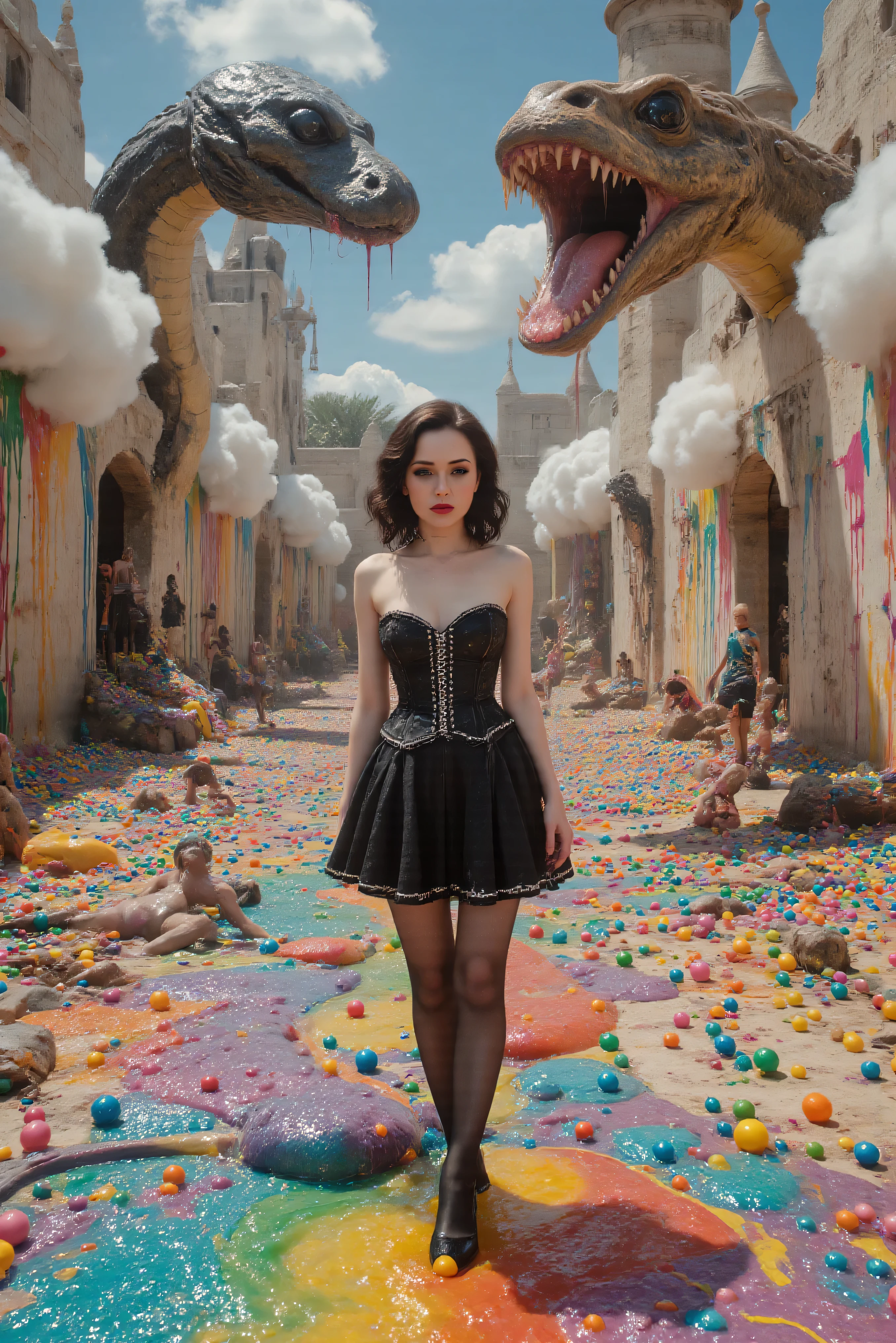 An ultra-realistic, photo-realistic, and cinematic fantastical scene The ground is a vivid, swirling river of rainbow hues, resembling a psychedelic liquid or glittering foam. It looks like burnt plastic mixed with melted crayons.
The walls are adorned with countless colorful spheres, and the heads and bodies of smaller snakes pop out of the walls, adding texture and depth to the scene, reminiscent of an otherworldly playground.
The light in the scene is bright, casting subtle shadows and highlighting the glossy surfaces, imbuing the image with a dreamlike quality. The overall atmosphere is one of playful chaos, where reality seems to bend in kaleidoscopic wonder. Mad details and a hallucinogenic feel reminiscent of old Betty Boop cartoons. A mix of realism and claymation.
Ultra-realistic, photo-realistic, ultra-detailed, insane 3D realism, cinematic photography, cinematography, full focus, UHDR, professional movie quality images, icon style, iconic character, hypersensual, hyperrealistic, startling presence, dramatic icon, impactful, powerful, emotive, evocative, captivating, mesmerizing, hypnotic, trance-inducing, mind-bending, consciousness-expanding, enlightening, masterpiece. T
An ultra-realistic, photo-realistic, and cinematic fantastical scene unfolds in a surreal landscape filled with vibrant colors and whimsical details. Two enormous snake-like creatures with menacingly open mouths tower overhead, one on the left one on the right, their bodies weaving through fluffy, cloud-like formations in the background. The ground is a vivid, swirling river of rainbow hues, resembling a psychedelic liquid or glittering foam. It looks like burnt plastic mixed with melted crayons.
Surrounding the river are numerous humanoid figures styled like alien mutants, each involved in varied activities. Some stand gazing at the scenery, others interact with the colorful orbs that are strewn throughout the area like oversized beads. The walls are adorned with countless colorful spheres, and the heads and bodies of smaller snakes pop out of the walls, adding texture and depth to the scene, reminiscent of an otherworldly playground.
The light in the scene is bright, casting subtle shadows and highlighting the glossy surfaces, imbuing the image with a dreamlike quality. The overall atmosphere is one of playful chaos, where reality seems to bend in kaleidoscopic wonder. Mad details and a hallucinogenic feel reminiscent of old Betty Boop cartoons. A mix of realism and claymation, ultra-real and LSD surreal, dreamlike, twisted, experimental art, extreme psychedelic psychotrance, and vibrant energy. Cinematic photography, realistic vision, hyperrealism, ultra-detailed, 8k, UHDR, high-res, startling presence, icon style, intricate details, dramatic colors smeared across the scene capture an exquisite blend of organic
growth and chemical staining patterns that resemble abstract biomechanical shapes fitted together and mounted in a tropical fever-induced dream. An avant-garde masterpiece. An extremely beautiful young woman with very long wavy hair, pale porcelain skin, long eyelashes, dark heavy gothic make-up, dark red lipstick, gloss, a large chest, wearing a black corset with white laces that she overflows out of, a short black skirt with white embroidery, black stocking, very high heels, spectator pumps, Extremely attractive young woman, princess, babe, Parted Lips, direct eye contact with the viewer, sexy poses, sparkling eyes, sad expression, hypersensual, provocative, icon style, iconic character, alluring young female, model, pretty, high quality, 8k, cinematic photography, cinematic portrait, portrait photography, cinematography, ultra-detailed, physically-based rendering, professional movie quality images, awe-inspiringly, striking facial features, intricate eyes, endearing face, goddess-like, incredible body, full curves, a masterpiece.