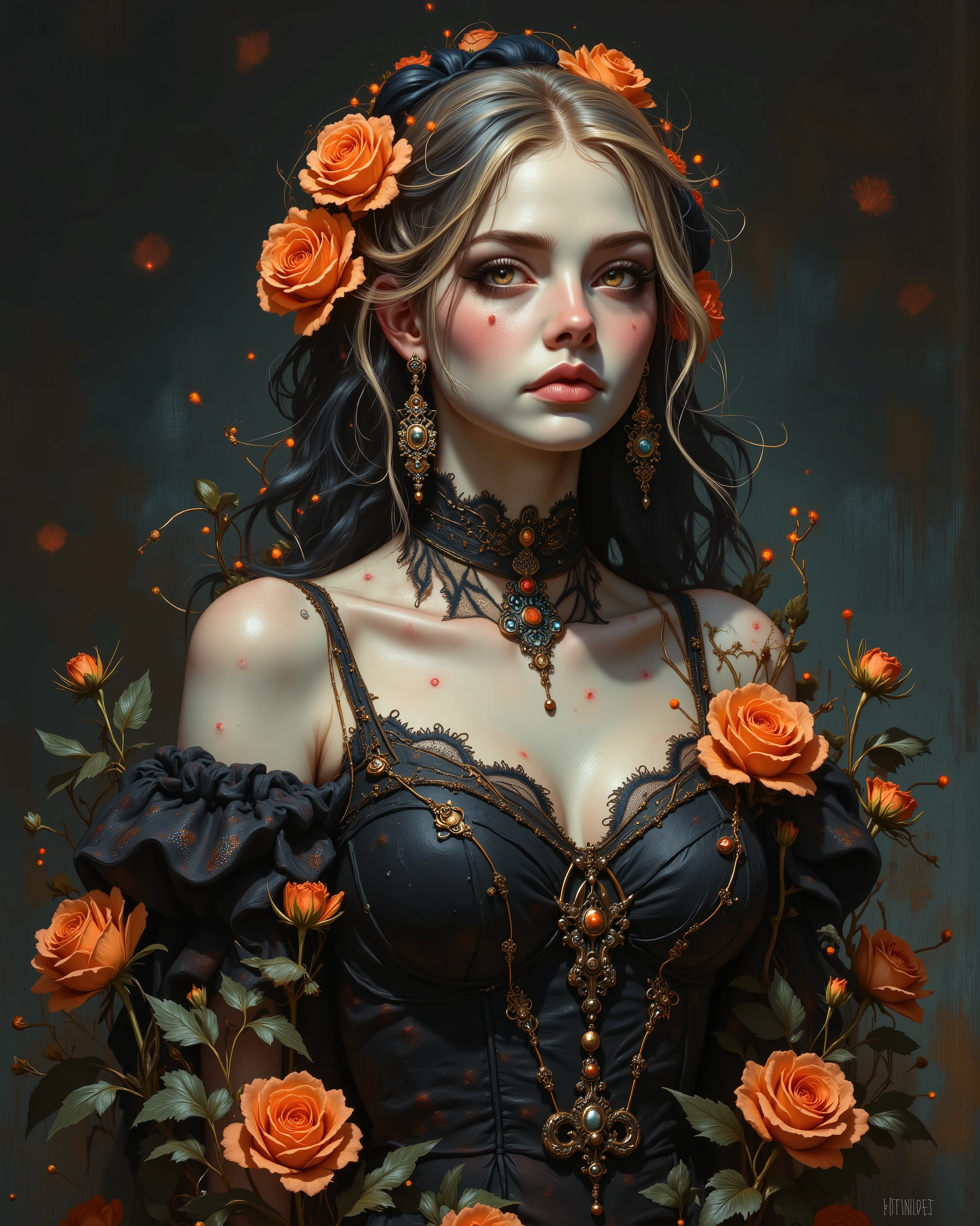 medium close-up, A woman with an elegant style, long, slightly wavy black hair adorned with vibrant orange roses is depicted against a dark, atmospheric background. Her shoulder is exposed as she wears a sleeveless black lace dress that accentuates her graceful posture. The image captures a striking contrast between the vivid orange roses and the deep black of her dress, with the roses appearing to cascade down her shoulder and chest, creating a dramatic and artistic effect. She wears intricate, dangling earrings that subtly gleam in the dim light, enhancing the overall elegance. Glowing embers float in the air, adding a mystical touch to the scene. The play of light on her skin and the surrounding elements evokes a cozy, yet mysterious atmosphere, suggestive of a nocturnal setting filled with a touch of fantasy or magic.
digital illustration, gothic style, dark fantasy, moody atmosphere, intricate details, dramatic lighting, high-resolution artwork, ultra-detailed, fine art, concept art, character concept, surreal composition, textured background, haunting beauty, chiaroscuro, painterly rendering, ornate design (art nouveau:1.25), (Masterpiece, best quality), CRU, (obra-prima:1.3), subsurface scattering, moody shadows, (high quality:1.4), (intrincado, high detail:1.2), HDR, cinematic resolution.
