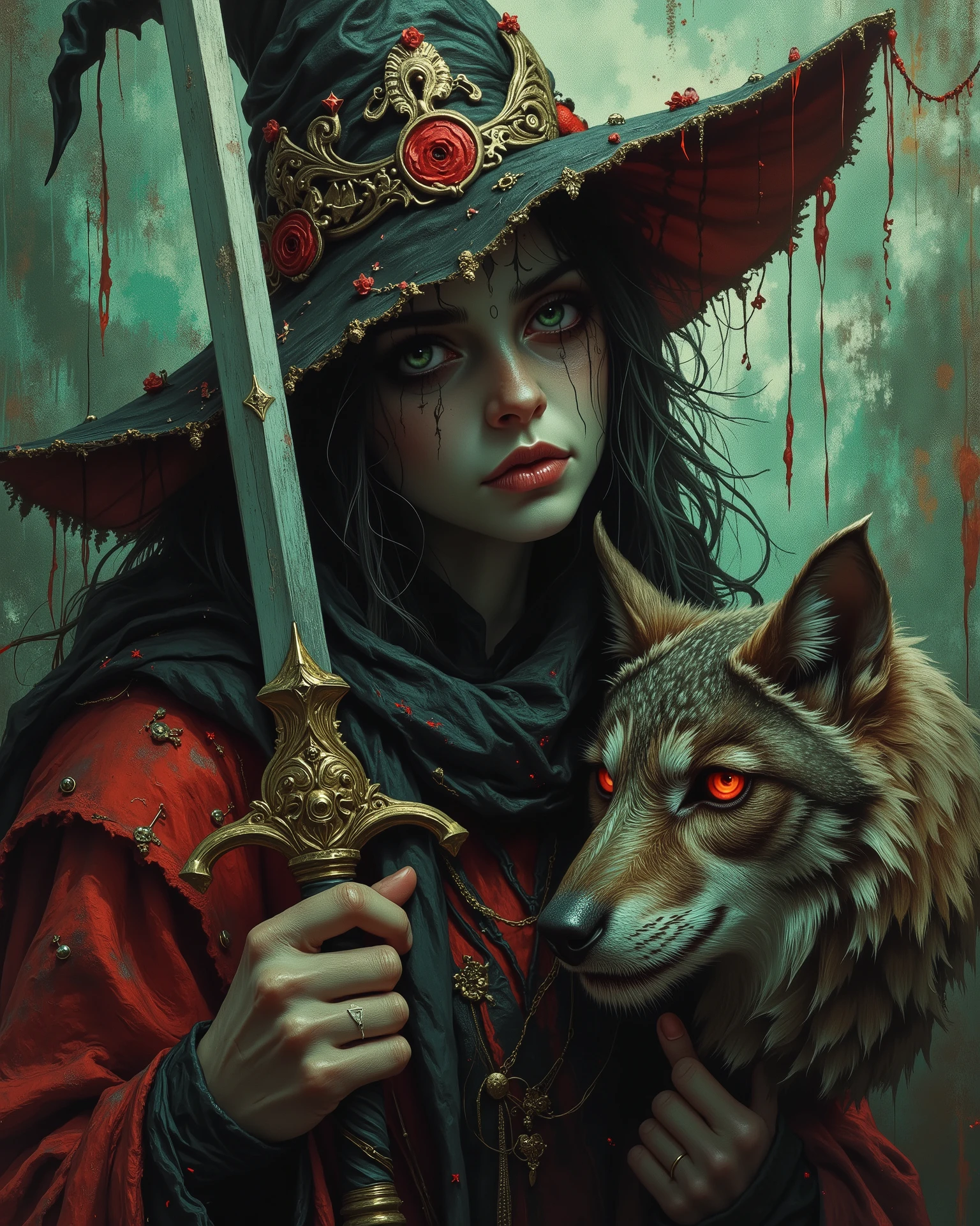 médium close-up, witch with sword owl and Wolf, long green red
digital illustration, gothic style, dark fantasy, moody atmosphere, intricate details, dramatic lighting, high-resolution artwork, ultra-detailed, fine art, concept art, character concept, surreal composition, textured background, haunting beauty, chiaroscuro, painterly rendering, ornate design (art nouveau:1.25), (Masterpiece, best quality), CRU, (obra-prima:1.3), subsurface scattering, moody shadows, (high quality:1.4), (intrincado, high detail:1.2), HDR, cinematic resolution.