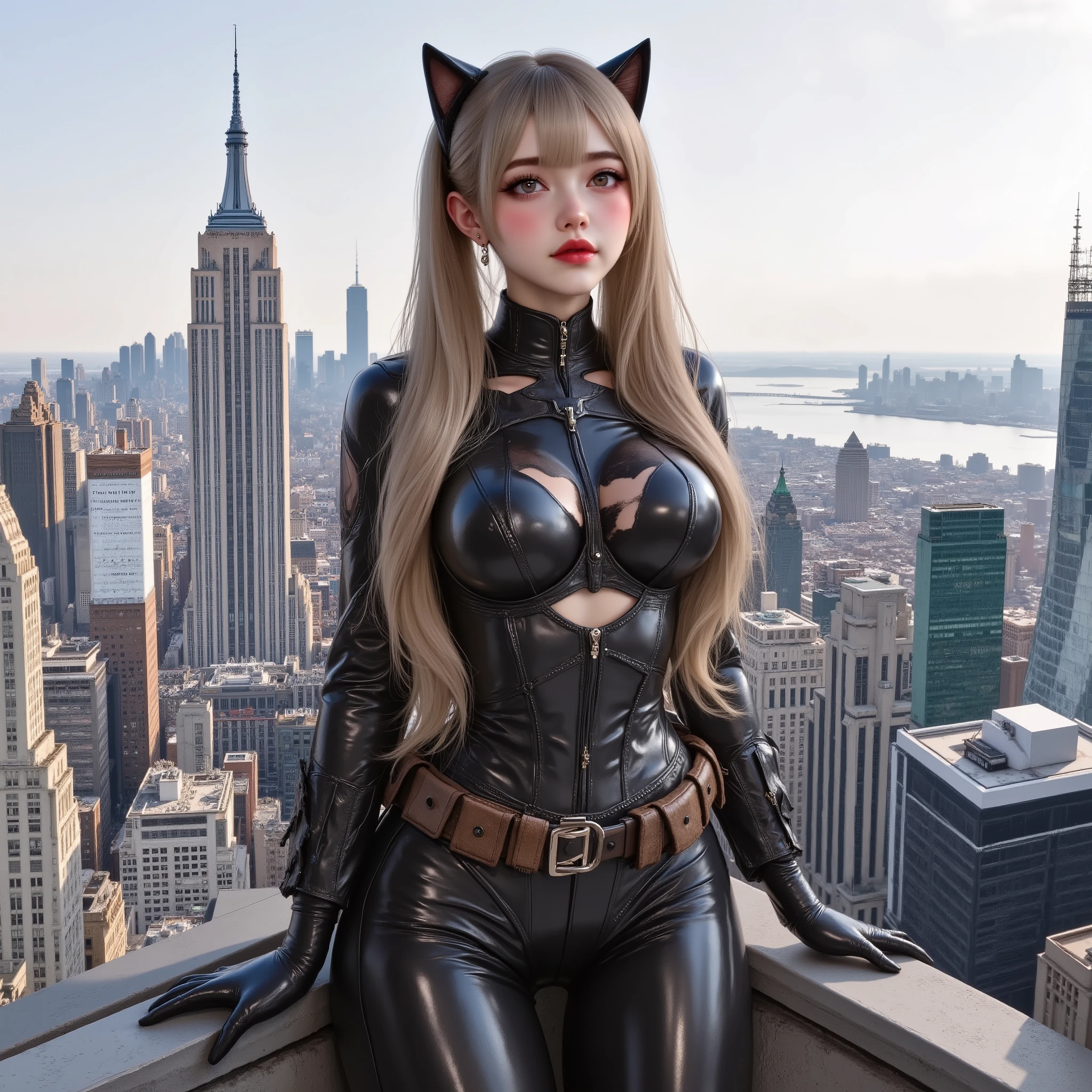 ((( the highest quality 8K,   32K  ))), best realistic work,  Score 9 ,  result 8,  Rating 7 , masterpiece, Ultra-surrealistic, very detailed, Image of a cute anime girl, dressed in a tight latex Catwoman costume , ((( A breathtaking hourglass-shaped body 1:5))), She's on top of a skyscraper in New York 