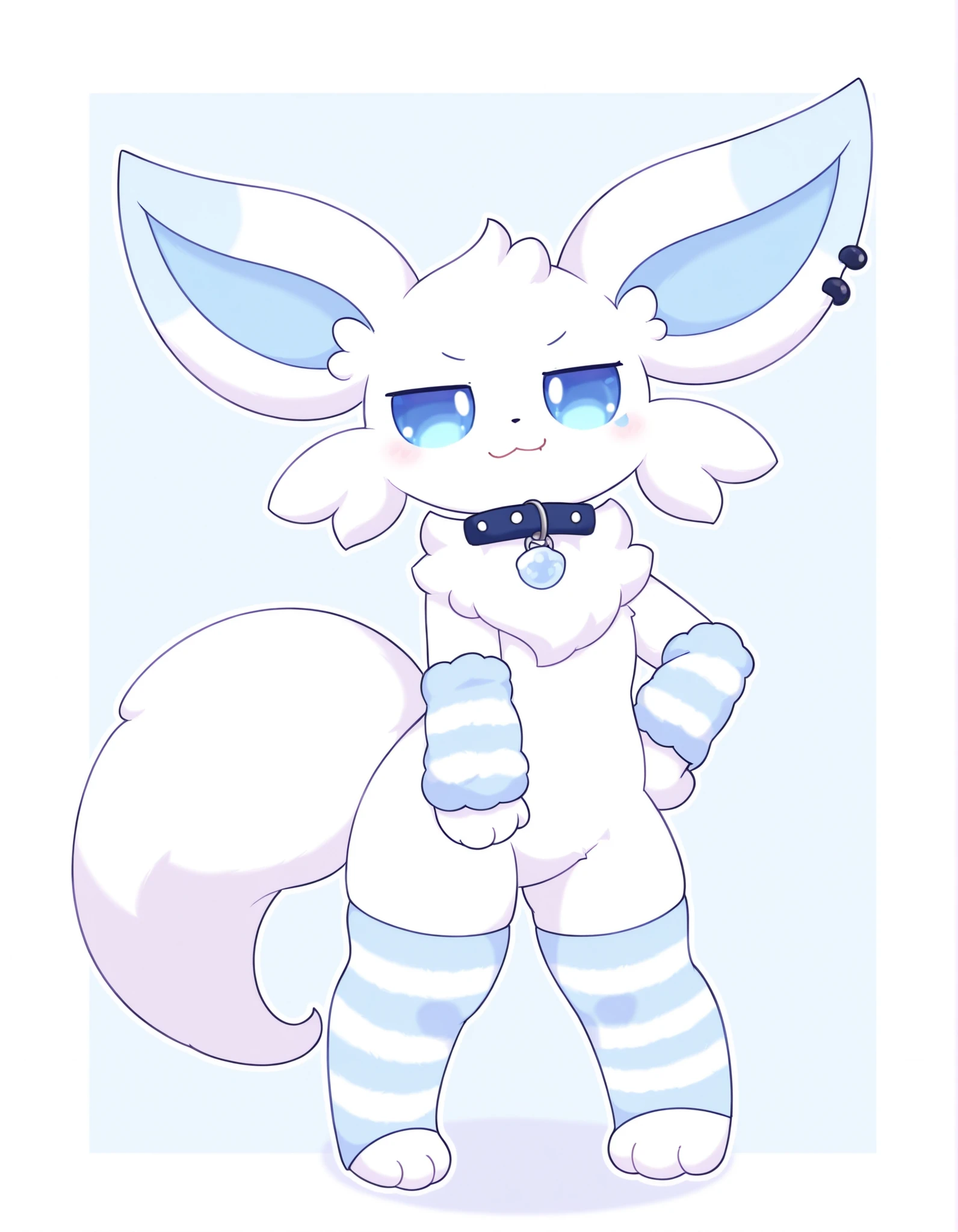 pearlykf, pokemon (creature), furry,, (solo) blue eyes, fluff, wardyspirit, (blue stripped arm warmers, blue stripped stockings, collar, (white body, white furr)), blue ears, tail, ear piercing BREAK smug standing pose, full body, safe