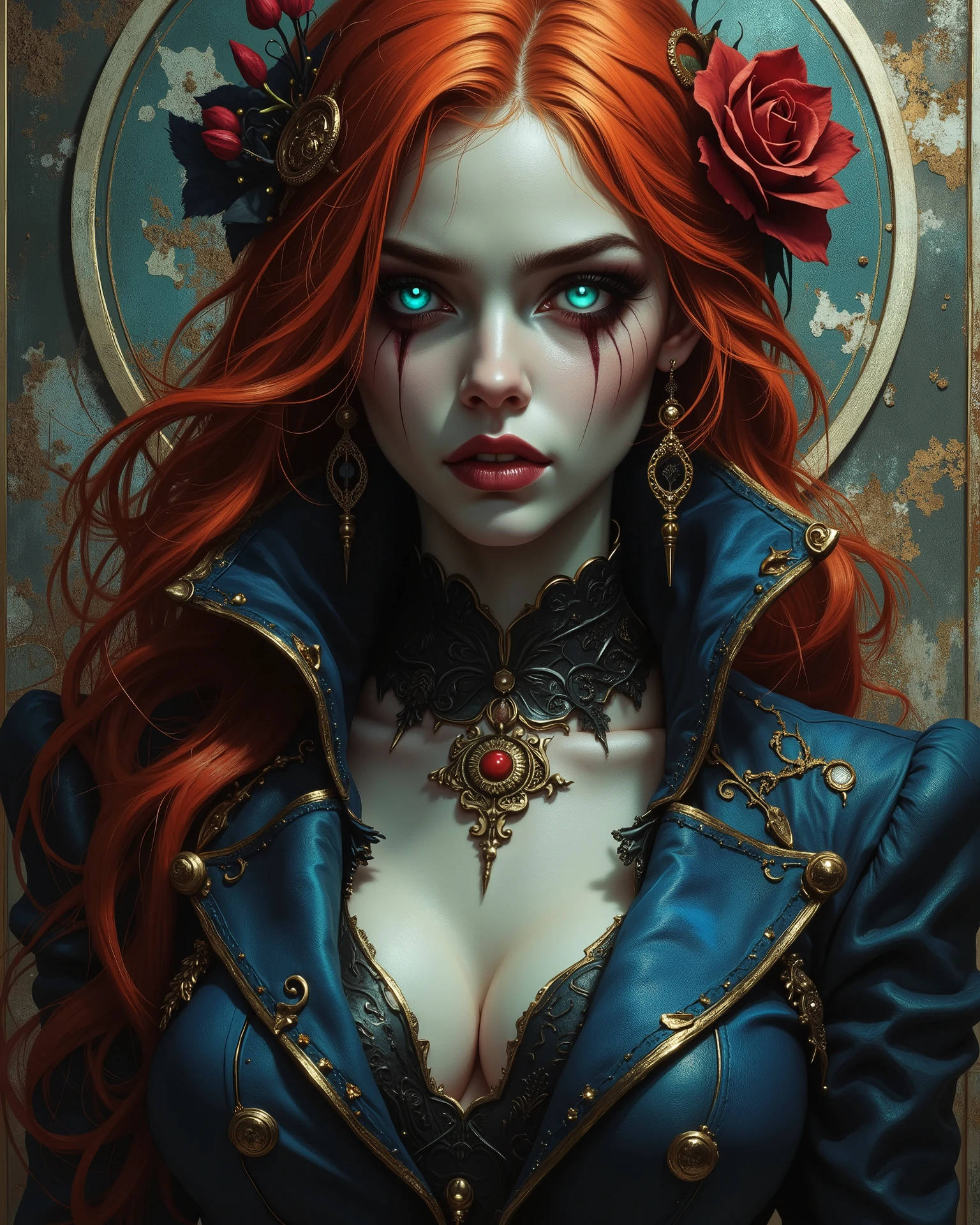 médium close-up, Arafed, a portrait of an vampire woman, full body shot, exotic beauty, long hair, red hair, emerald green eyes, glowing eyes, vampire fangs, dark red lips, glamour shot, she wears an (blue elegant suit: 1.3), small cleavage, gold rose, high heel boots, full body shot, 16k, ultra detailed, masterpiece, best quality, (extremely detailed), arafed, dnd art Cinematic Shot
digital illustration, gothic style, dark fantasy, moody atmosphere, intricate details, dramatic lighting, high-resolution artwork, ultra-detailed, fine art, concept art, character concept, surreal composition, textured background, haunting beauty, chiaroscuro, painterly rendering, ornate design (art nouveau:1.25), (Masterpiece, best quality), CRU, (obra-prima:1.3), subsurface scattering, moody shadows, (high quality:1.4), (intrincado, high detail:1.2), HDR, cinematic resolution.