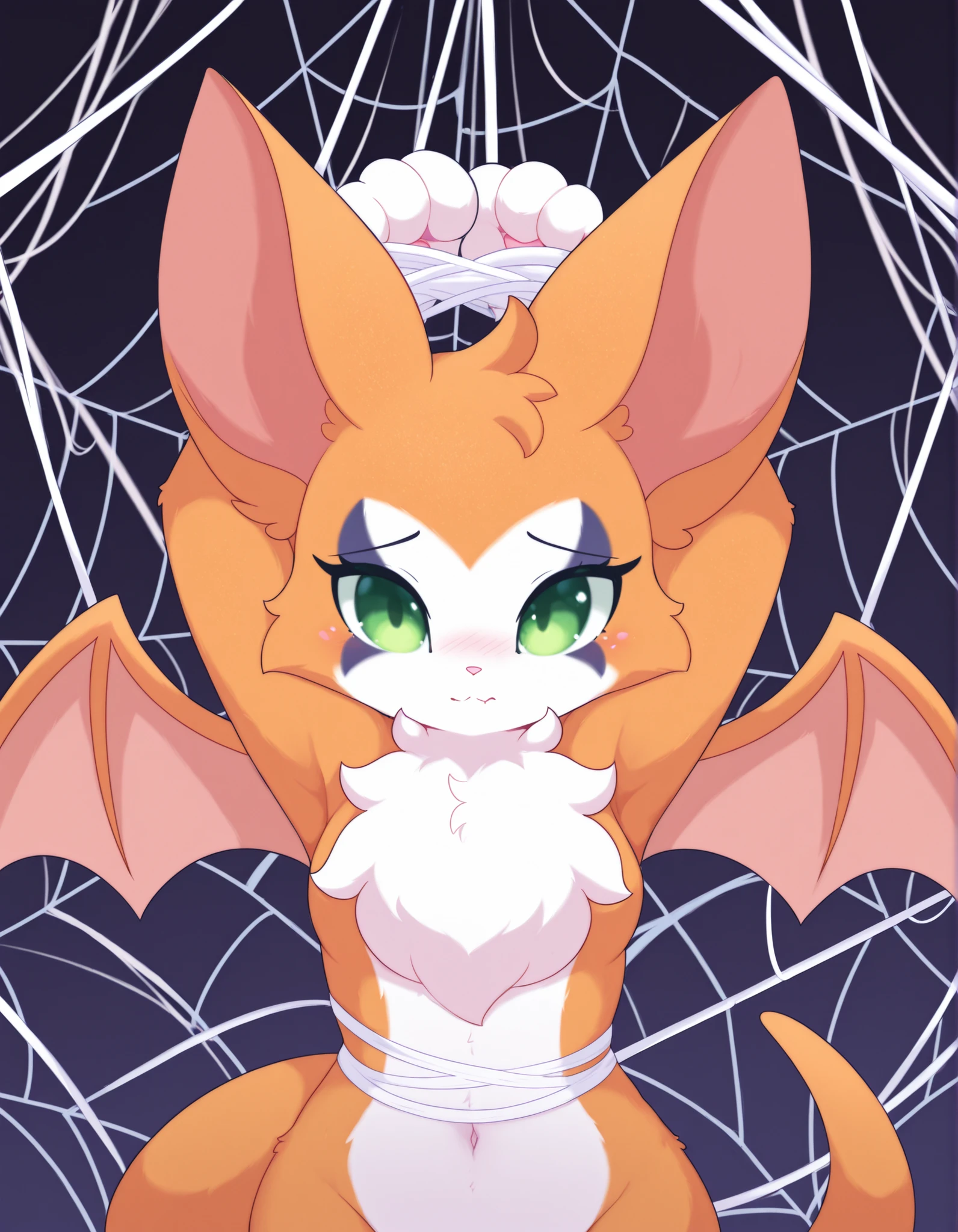 pearlykf, pokemon (creature), furry,, masterpiece, spiderweb, restrained, Fidget Nimbat, Fidget, Nimbat
Fidget_daet, anthro, furry female, wings, tail, green eyes, colored sclera, bat wings, facial markings, orange fur, white fur, two-tone fur,, looking at viewer, front view, (upper body:1.2), sade
