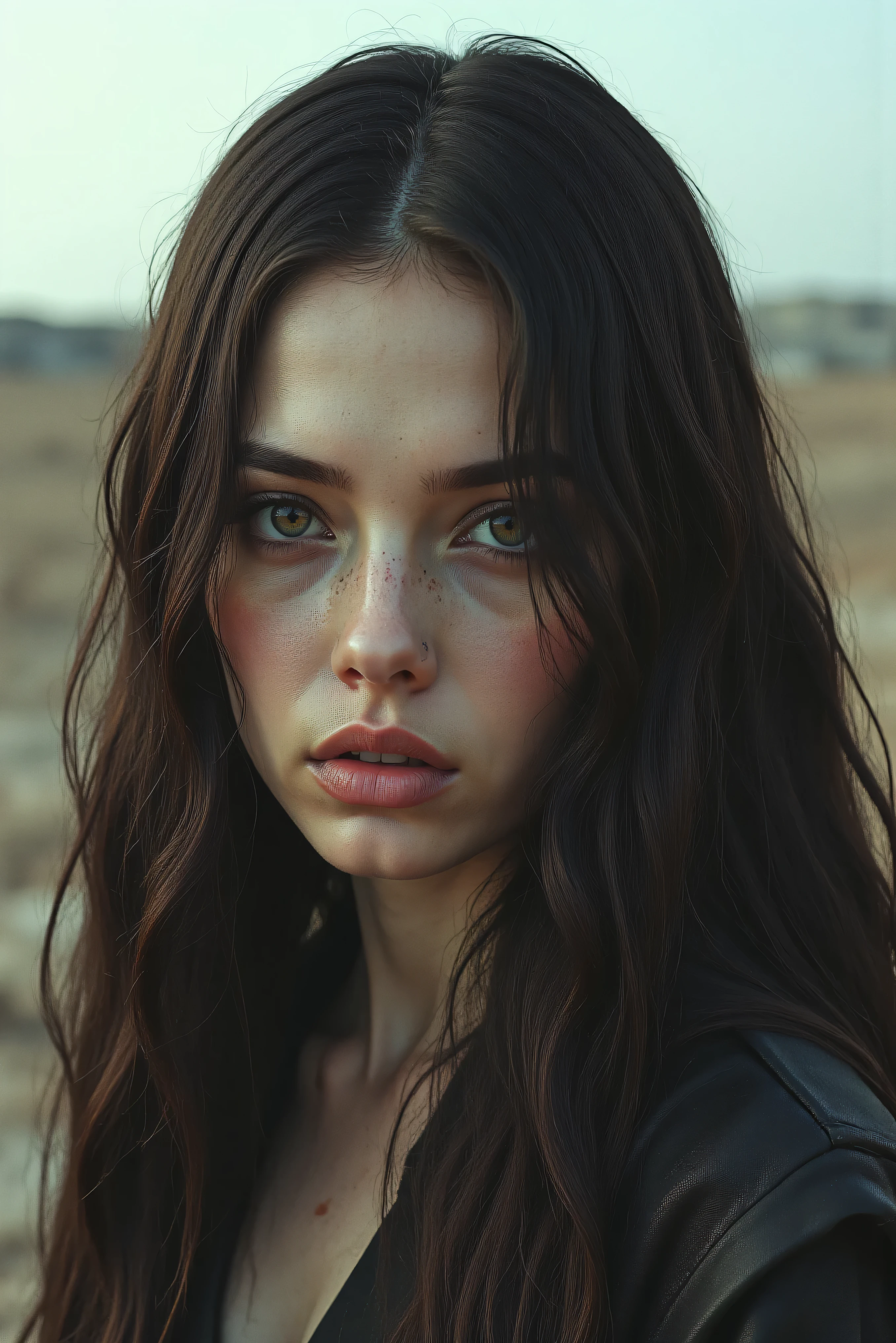 Gorgeous young woman, direct eye contact, exceptionally attractive and alluring, very long hair, striking presence, captivating eyes, makeup, pale skin. The background is a dystopian wasteland.
Ultra-realistic, photo-realistic, cinematic portrait, portrait photography, cinematography, realism