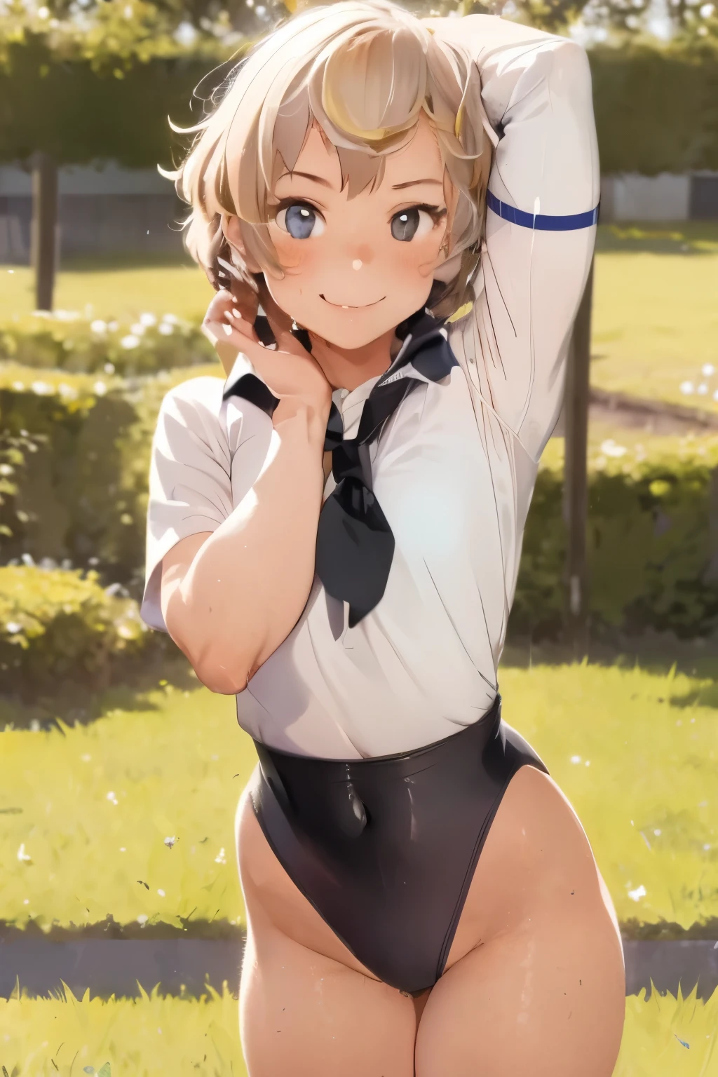 (top-quality、in 8K、32K、​masterpiece、nffsw、超A high resolution、Impresionismo、Photorealsitic:1.2)、Angle from above、High angle、cowboy  shot、foco nítido、detailed faces and eyes、school ground、athletic field、Evening glow、beauitful face、blurry backround、16-year-old beautiful girl、shinny skin、Sharp pupils、Realistic pupils、Full body, school ground、beauitful face、blurry backround、18 year old beautiful girl、shinny skin、short-hair、Platinum blonde beautiful hair、Red Eyes、(wearing black gymnastics bloomers, high leg,white blouse、Running:1.3)、thighs thighs thighs thighs、Curve、Dynamic Poses、Navel Ejection、wetted skin、wetting hair、Powerful composition,wearing black gymnastics bloomers, high leg,white blouse,self wedgie,pull bloomers,