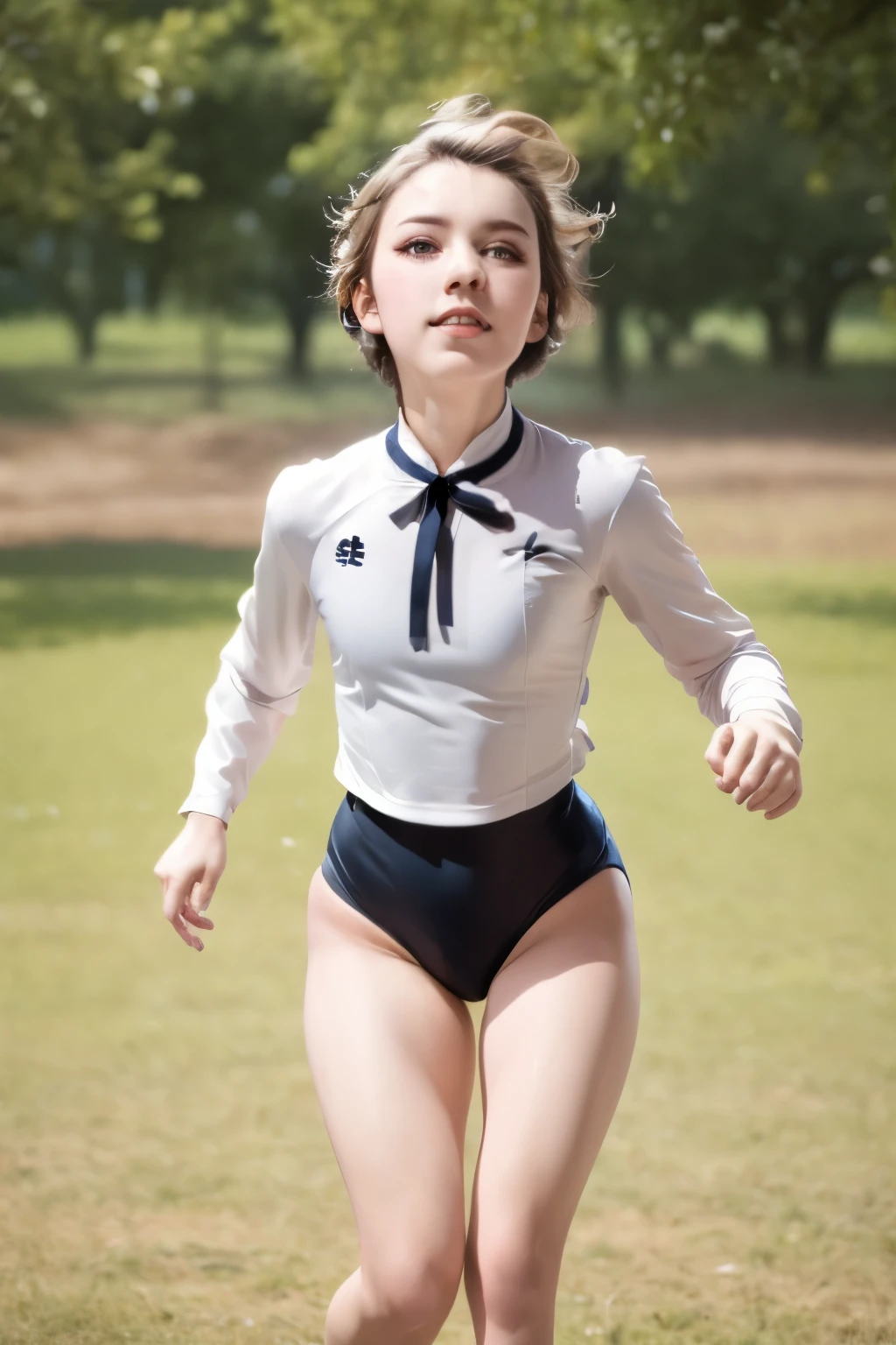 (top-quality、in 8K、32K、​masterpiece、nffsw、超A high resolution、Impresionismo、Photorealsitic:1.2)、Angle from above、High angle、cowboy  shot、foco nítido、detailed faces and eyes、school ground、athletic field、Evening glow、beauitful face、blurry backround、16-year-old beautiful girl、shinny skin、Sharp pupils、Realistic pupils、Full body, school ground、beauitful face、blurry backround、18 year old beautiful girl、shinny skin、short-hair、Platinum blonde beautiful hair、Red Eyes、(wearing black gymnastics bloomers, high leg,white blouse、Running:1.3)、thighs thighs thighs thighs、Curve、Dynamic Poses、Navel Ejection、wetted skin、wetting hair、Powerful composition,wearing black gymnastics bloomers, high leg,white blouse,self wedgie,pull bloomers,