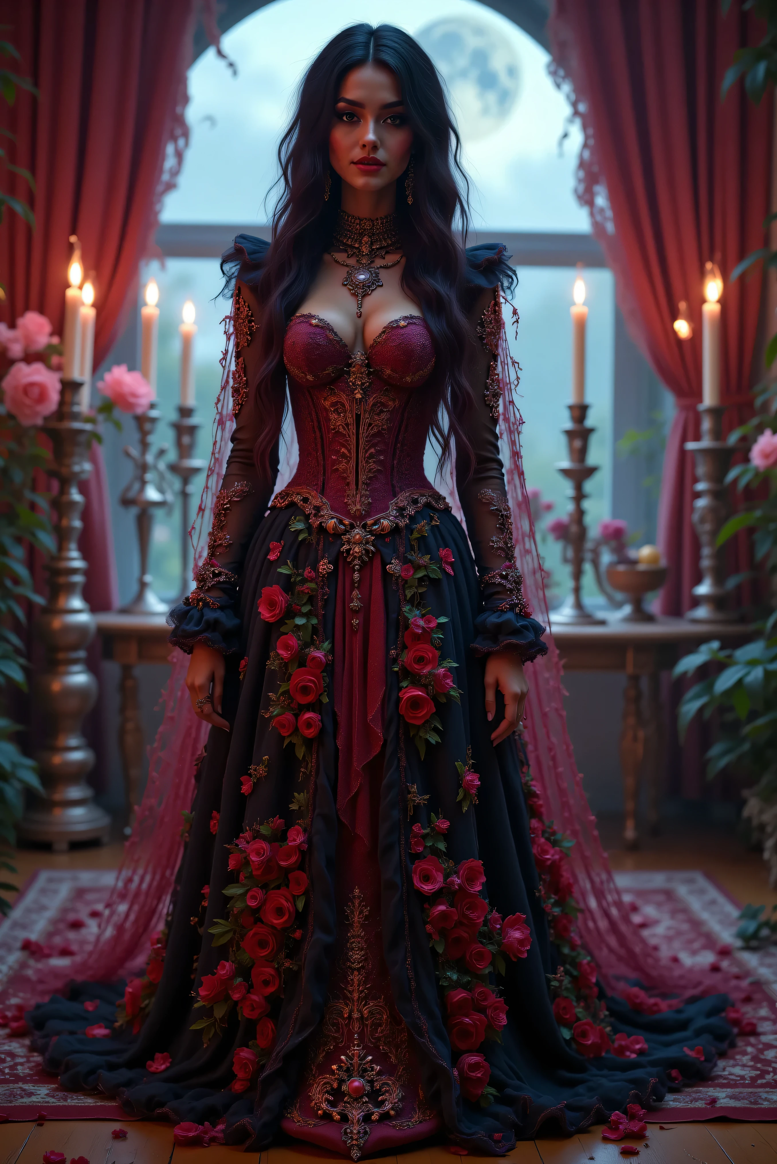 Ultra attractive gothic woman, hypersenual pose, moody atmosphere, gothic/victorian style dress, black and scarlet, ultra-realistic,photo-realistic,ultra-detailed, physically-based rendering, detailed portrait of a beautiful gothic woman with pale skin, dark makeup, piercing eyes and an intense expression, wearing an ornate black and scarlet,victorian-style dress, lit candles, silver candelabras, full moon seen from the window, atmospheric background with dramatic lighting, highly realistic, extremely detailed, 8K, HDR, studio lighting, vivid colors, ultra-realistic, photo-realistic, ultra-detailed, insane 3D realism, cinematic photography, cinematic portrait, portrait photography, cinematography, full focus, UHDR, highres, startling presence, icon style, intricate facial features, intricate eyes, black eyeshadow, black makeup, ornate gothic interior, professional movie quality imagery, otherworldly atmosphere,surreal, disquieting, unnerving, macabre fantasy art, highly morbid, grotesque beauty, gothic beauty,nightmarish imagery, masterpiece. 1girl, Looking at viewer, Black Hair, Very Long Hair, Parted Lips, Multiple Views, Wavy Hair, Large breasts, Wide-Eyed, Sparkling Eyes, Excited, Crazy Smile, Kubrick Stare, Macro Photo, Gothic Art,