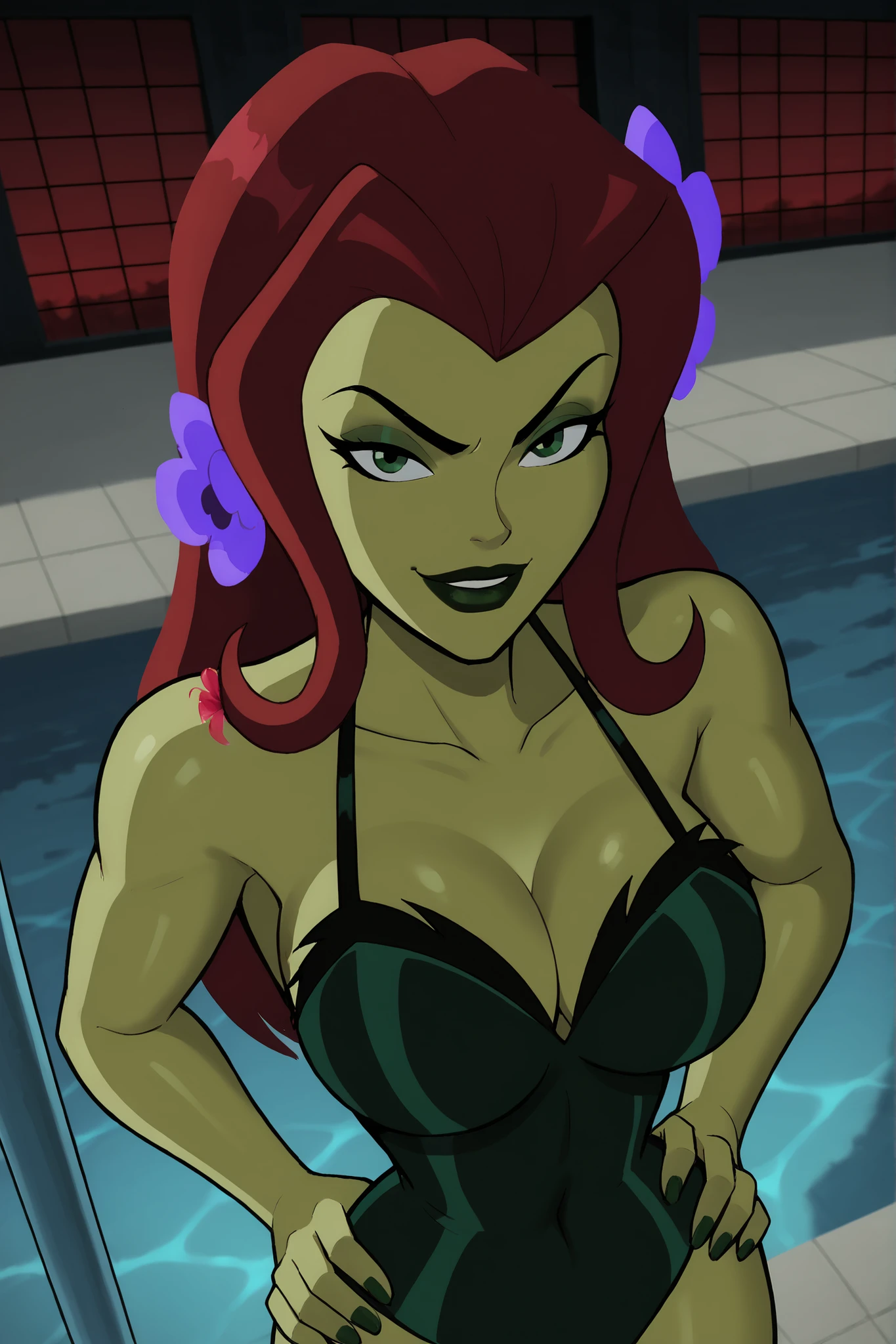 2d, score_9, score_8_up, score_7_up, score_6_up, flower, BREAK, 1girl, solo, standing, red hair, PIVYbatb, green skin, cleavage, curvy, athletic, makeup, smile, closed mouth, very , long hair, black lips, hair ornament, expression, bedroom eyes, looking at viewer, seducing viewer, teasing viewer, busty, dark green top, dark green bottom, indoors, pool, standing, high-angle view, dark green eyeshadow, closeup, portrait, upper body, hands on waist