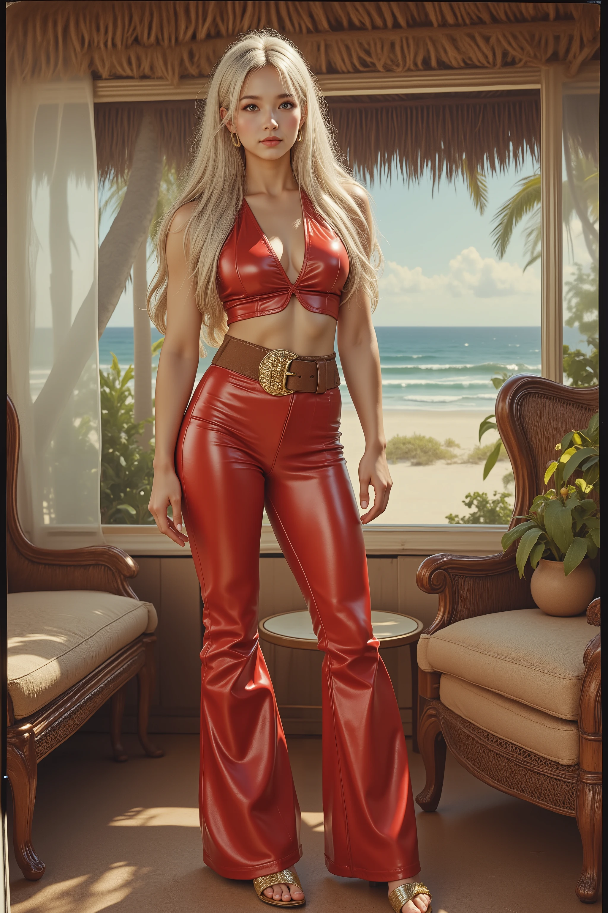 Vintage Polaroid-style full-body portrait of a sexy , provocative girl secret in 1970s pin-up style . Tall , athletic build , long wavy blonde hair with a hair tie aholokan , close eyes , high arched eyebrows , large breasts , slim waist , broad shoulders , shapely calves . She wears shiny red leather flared pants and a matching deep-cut front-tied top in red leather . Accessories: wide brown leather belt with large gold buckle , gold high-heeled sandals . Sunlit 1960s American room interior with tropical beach visible through the window .