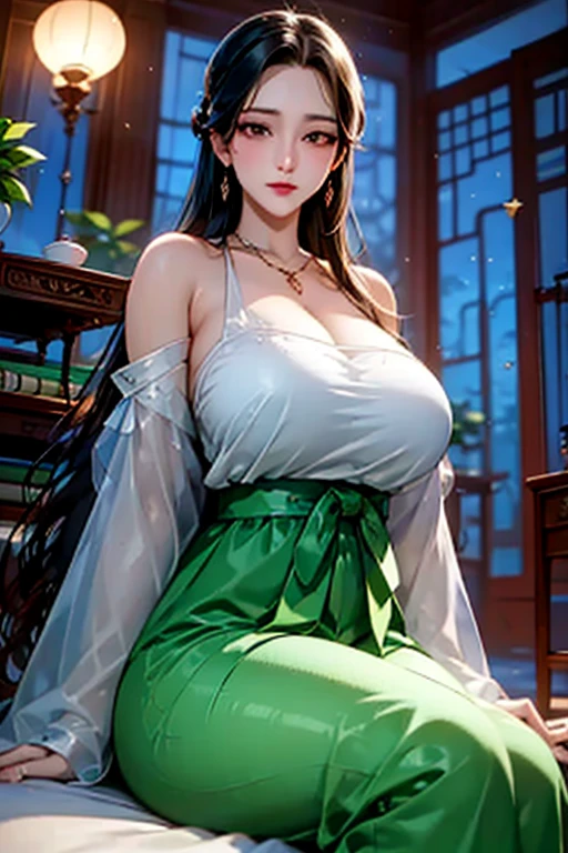 upper body, oil painting, masterpiece, best quality, highres, long brown hair, jewelry hairpin, large breast,riverside and rock or temple or bridge, extremely clothes, sitting, (song Dynasty, song clothing:1.2), 