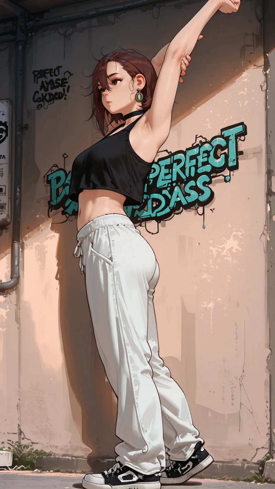 HDR, 8K, masterpiece, best quality, amazing quality, very aesthetic, realistic, newest, volumetric lighting, (flat colors:0.7), (artist:incase:0.3), (artist:tsuaii:0.3), in the style of cksc, 1girl, momo ayase (dandadan), brown hair, short hair, hair between eyes, asymmetrical bangs, brown eyes, earrings, black choker, full body, from side, crop top, black tank top, midriff, white sweatpants, wall with graffiti in the background, arms up, stretching, vans sneakers, perfect ass,