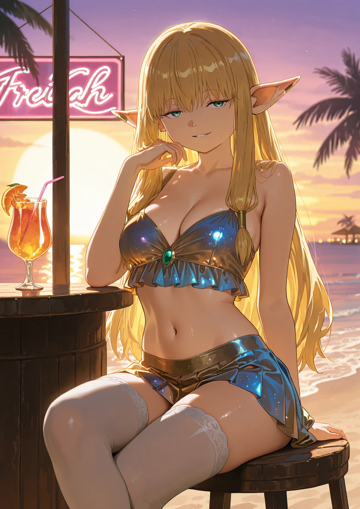 1girl, solo, serie, sousou no frieren, blonde, shiny glittering crop top , shiny glittering plated skirt, white thigh highs, naturally sagging medium breasts, sitting in a tiki bar, tropical drink, colorful beach bar, neon bar signs, tropical resort, seductive, sexy erotic pose, alluring atmosphere, beautiful lighting and shadows,BREAK, masterpiece,top quality,warm color,high resolution,high fashion,absurdres extremely,vivid colors,intricate details,best quality,amazing quality,very aesthetic,newest,ultra-detailed,nsfw,