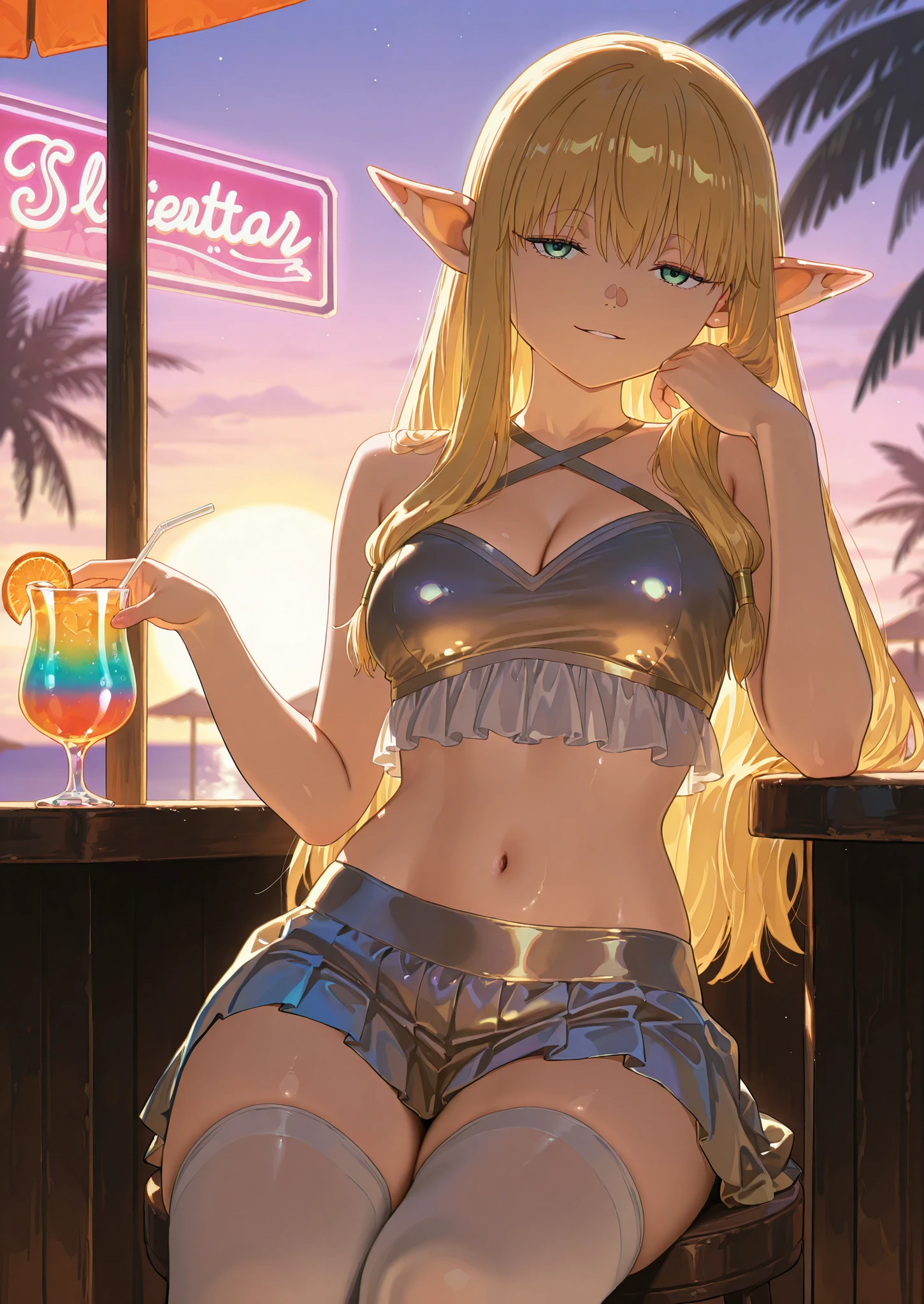 1girl, solo, serie, sousou no frieren, blonde, shiny glittering crop top , shiny glittering plated skirt, white thigh highs, naturally sagging medium breasts, sitting in a tiki bar, tropical drink, colorful beach bar, neon bar signs, tropical resort, seductive, sexy erotic pose, alluring atmosphere, beautiful lighting and shadows,BREAK, masterpiece,top quality,warm color,high resolution,high fashion,absurdres extremely,vivid colors,intricate details,best quality,amazing quality,very aesthetic,newest,ultra-detailed,nsfw,