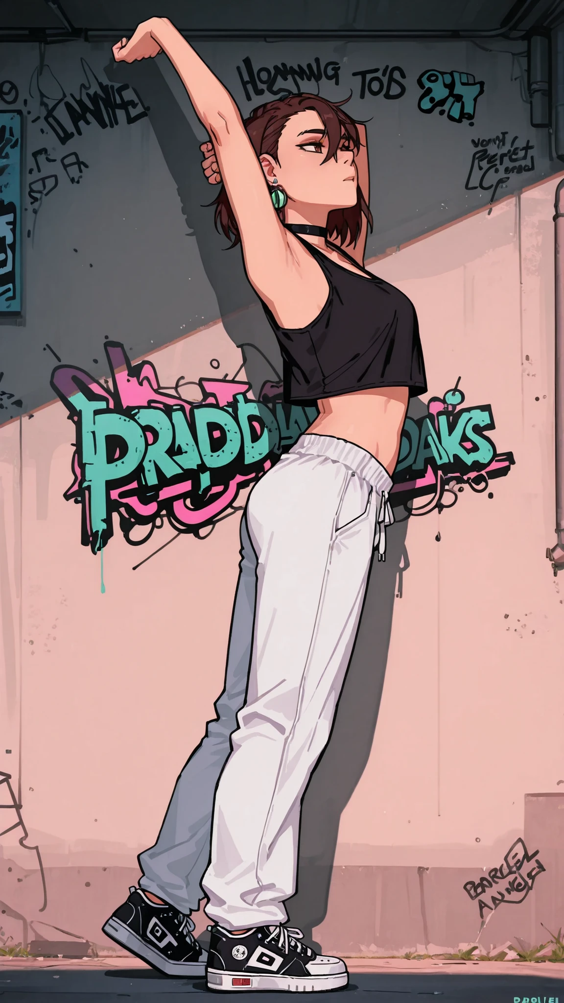 HDR, 8K, masterpiece, best quality, amazing quality, very aesthetic, realistic, newest, volumetric lighting, (flat colors:0.7), (artist:incase:0.3), (artist:tsuaii:0.3), in the style of cksc, 1girl, momo ayase (dandadan), brown hair, short hair, hair between eyes, asymmetrical bangs, brown eyes, earrings, black choker, full body, from side, crop top, black tank top, tight tank top, midriff, white sweatpants, wall with graffiti in the background, arms up, stretching, vans sneakers, perfect ass, par0llel_style