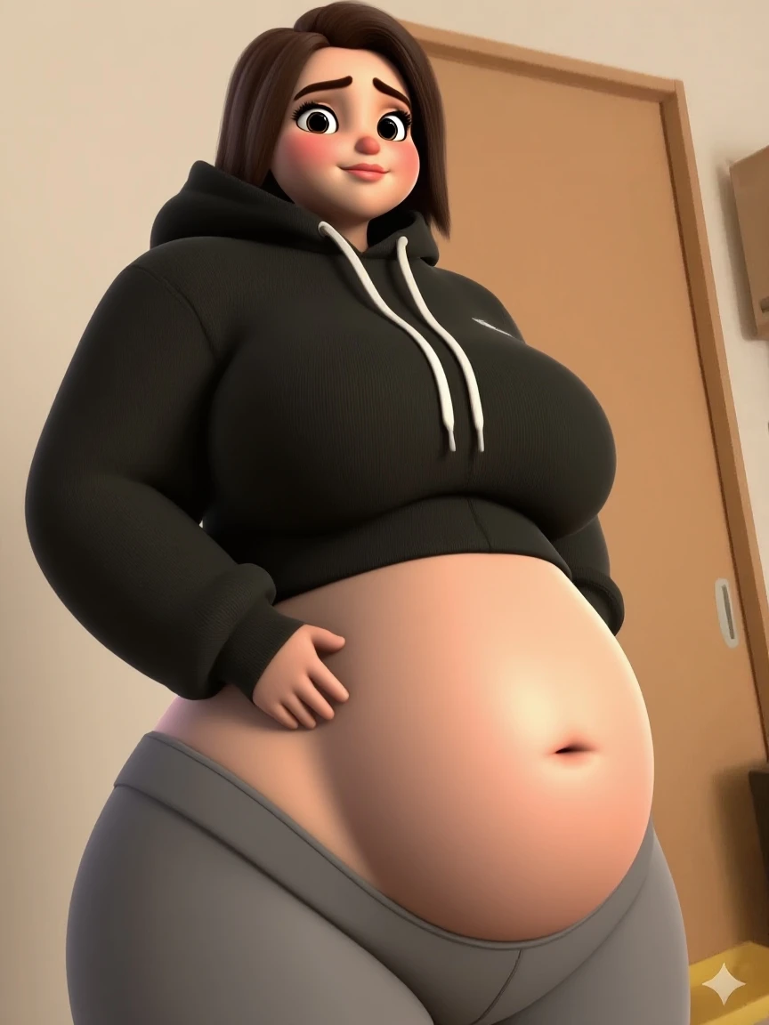 Tan skin all over, Thicc, extremely morbidly obese, brown hair ((wearing)), blac, white tanktop, black leggings, voluptuous, feminine boy, femboy, perfect hands, perfect face, smile, (anatomically correct), (Perfect/ realistic proportions:1.2), (overwhelmingly fat arms, obese face), arm up, ((extremely widest ???? possible!)), ((extremely massive thick thighs, morbidly large belly), belly overhang!)), (1080P, 4k UHD, Masterpiece:2.1!) ((single)), background: tilted towers_fortnite