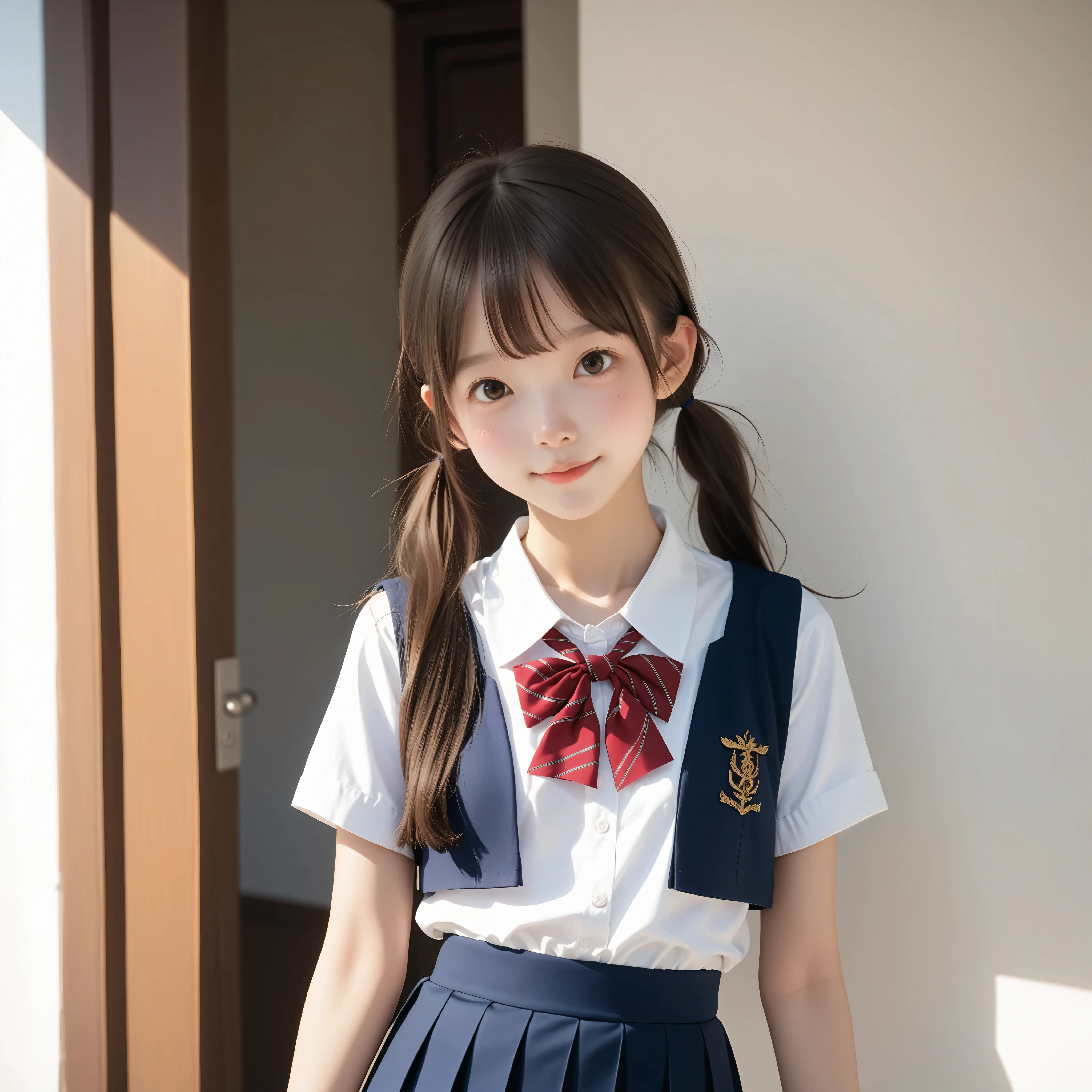 ( white skin:1.3),Cute Girl,Cute younger Girl,slender,short,slender,thin body,(younger:1.2),Cute younger Girl opening without permission,cute face,(skinny:1.5),score_7_up,score_8_up,score_9,Realistic,is a girl who goes to school,uniform, small butt when viewed from below,( body:1.2),sunlight,Japanese,short髪, thin shoulders,thin arm,Narrow Shoulder