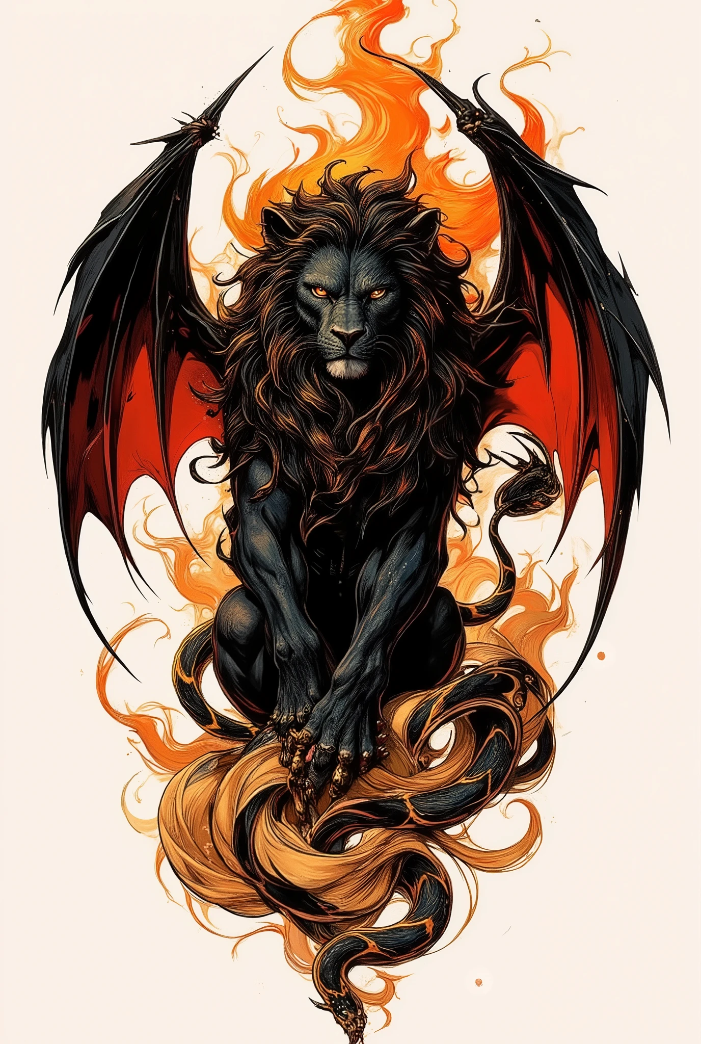 a stylized tattoo in black, orange and red, a black lion with a snake instead of a tail, flames instead of a mane and black and red large bat wings (similar to a manticore)