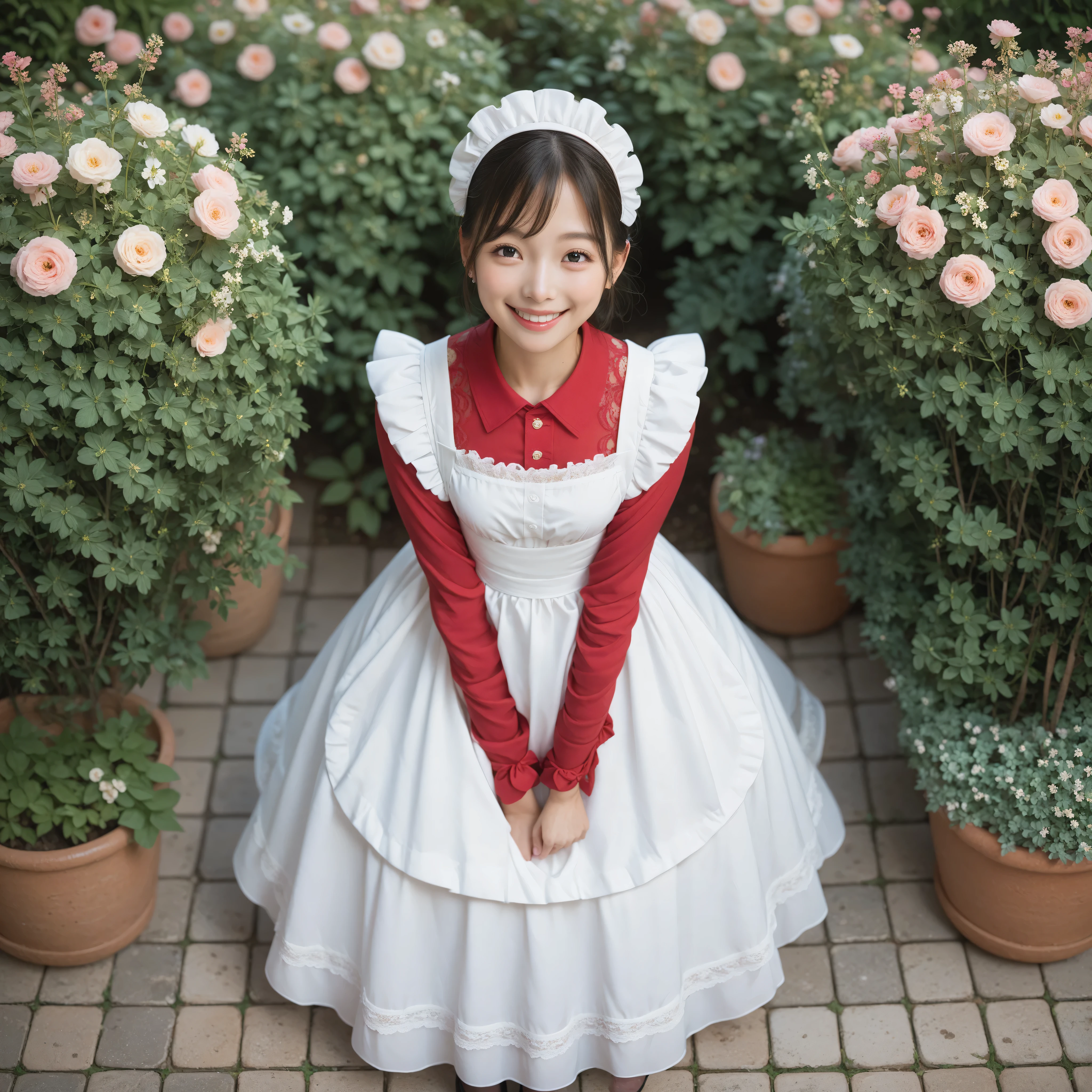 1 girl、maids,Look at the audience,(skinny:1.19),(younger:0.95),from above,slouching forward,(big boobs:0.06),Watering flowers outside the mansion,Japanese,(Smile Yang:1.05),black lace stockings