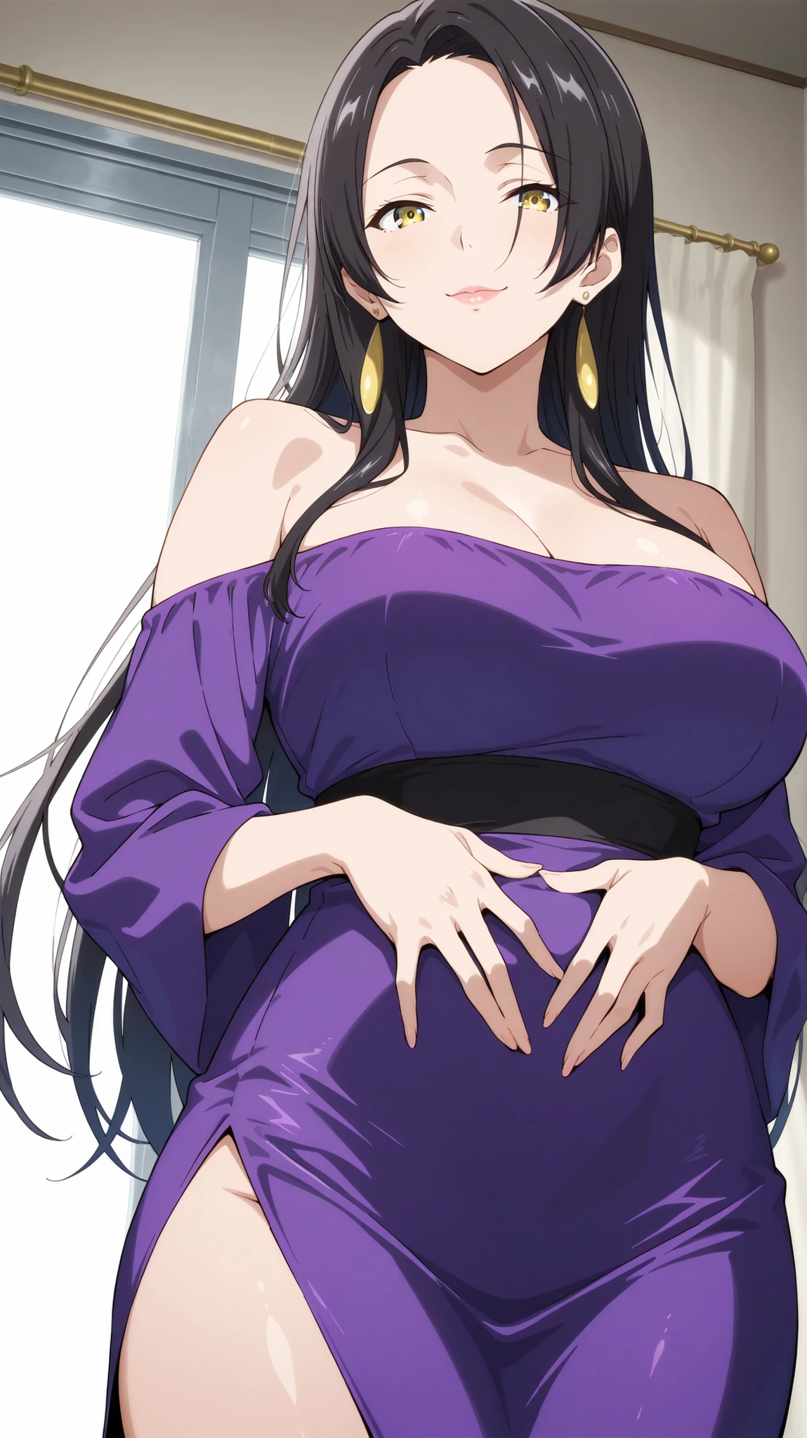 ((CloverWorks, Wit Studio)) masterpiece , best quality , highly detailed , ultra high res , Score_9, Score_8_up, Score_7_up, perfect anatomy, detailed fingers, detailed eyes, cowboy shot, dutch angle, focus on face, masterpiece, detailed anime, Sharp Focus, lady, JK, detailed face, detailed yellow eyes, smile, semi-long hair, black hair silky hair, forehead, sliced back hair, mature woman, over hair eye, long straight hair, curious look, lips parted, joy in your eyes, knee, gypsy girl , big breasts, (off-shoulder, beautiful European long low-cut dress) prom, castle ball