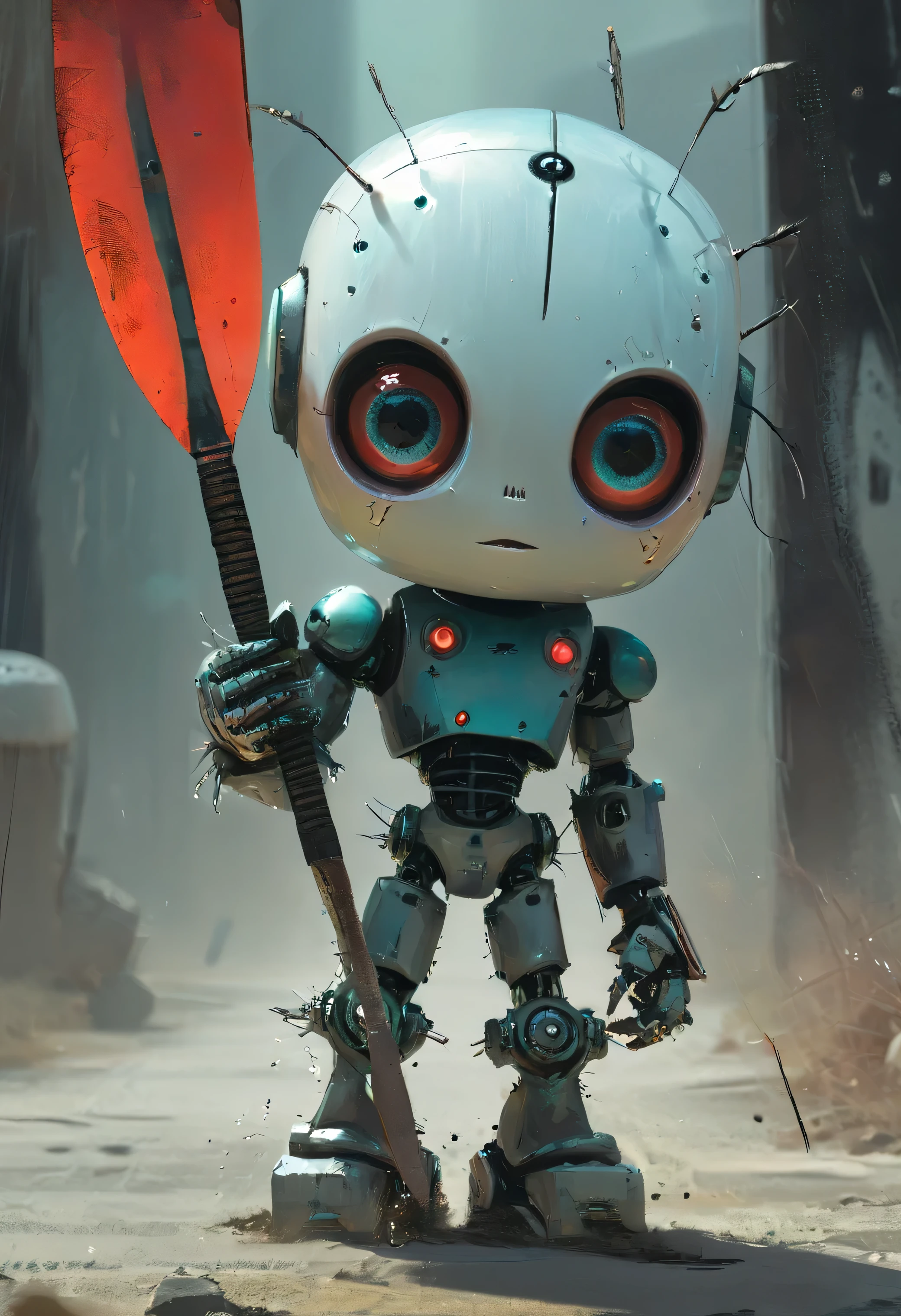 Full -length view. (A small evil robot, porcelain face and head, large turquoise eyes, perfect eyes, with a big machete), the highest quality. A beautiful cinematic impressionist picture, a gloomy dramatic character, in the style of Jeremy Mann and Charles Dana Gibson, Mark Demsteder, Paul Hedley. Masterpiece. Hyperrealism,
Soft light, sharpness, epic. Absolute elegance, light metallic shine, in dark white and light red tones, emphasized by sharp contrasting shadows.