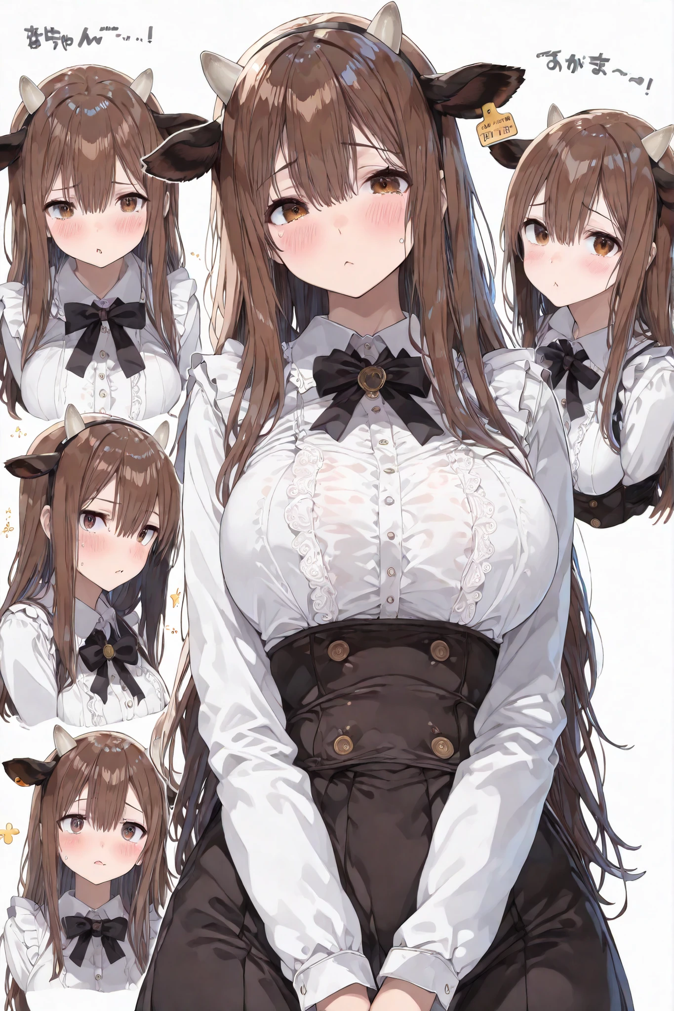 ((best quality)),(((big breasted))),((masterpiece)),((((1woman)))),((brunette_ extra long_hair)),((brown_eyes)),((woman)) ((half body)) half body very long brown hair,, modest clothes, long skirt, thin, she is thin, modest clothes, thin with big breasts . she looks like a woman. she is a woman. cow ears, she is a cow hybrid, cow hybrid masterpiece, top quality, general , great quality, , half body, 1 woman,. she looks like a woman. adult woman. woman face. she looks like a woman. detailed face , she looks like an adult woman. she’s a woman. adult woman face. adult woman face. , closed mouth, slanted eyes, neutral expression, slanted eyes, slanted eyes, half body, modest clothes, modest clothes, modest clothes, cute modest clothes cow ears, dairy cow hybrid, dairy cow ears, dairy cow ears, multiple facial expressions, sprites sheet, she’s looking straight , NEUTRAL NEUTRAL NEUTRAL EXPRESSION NEUTRAL EXPRESSION