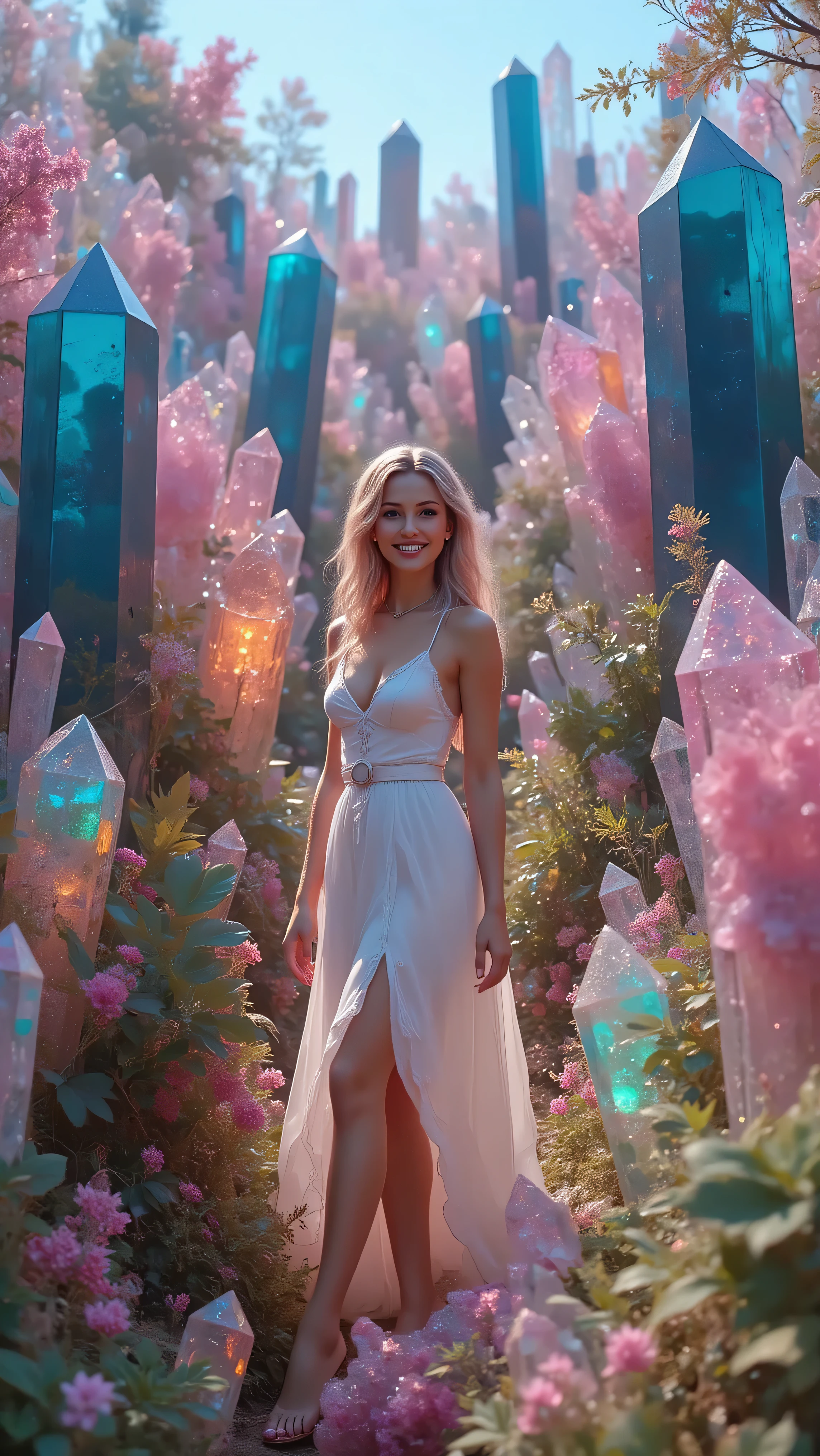 Ultra realistic, photorealistic, cinematography, ultra detailed, 8K, highres, a gorgeous pale skinned woman wearing a long white dress standing amongst thousands of crystals, enormous 12-20 foot tall dark blue, pink, red, green, clear, and yellow translucent, see-through quartz crystals, hundreds of gigantic different colored translucent crystals, direct eye contact, smiling, looking at the viewer, full sunlight, breathtakingly beautiful, cinematic photography, cinematic portrait, photorealistic, hypersensual, hyperrealism, ultra detailed, UHD, full focus, awe inspiring, stunning, visually intoxicating, award winning, masterpiece, (many more gigantic translucent quartz crysyals that fill up all the space in the image with no empty spaces)
