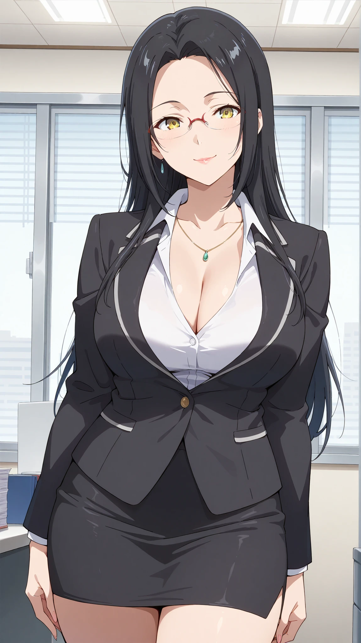 ((A-1 Pictures, Satelight)) masterpiece , best quality , highly detailed , ultra high res , Score_9, Score_8_up, Score_7_up, perfect anatomy, detailed fingers, detailed eyes, cowboy shot, dutch angle, focus on face, masterpiece, detailed anime, Sharp Focus, lady, JK, detailed face, detailed yellow eyes, smile, semi-long hair, black hair silky hair, forehead, sliced back hair, mature woman, over hair eye, long straight hair, curious look, lips parted, joy in your eyes, knee, big breasts, (black blazer, button-down blouse, pencil skirt, glasses) office room,