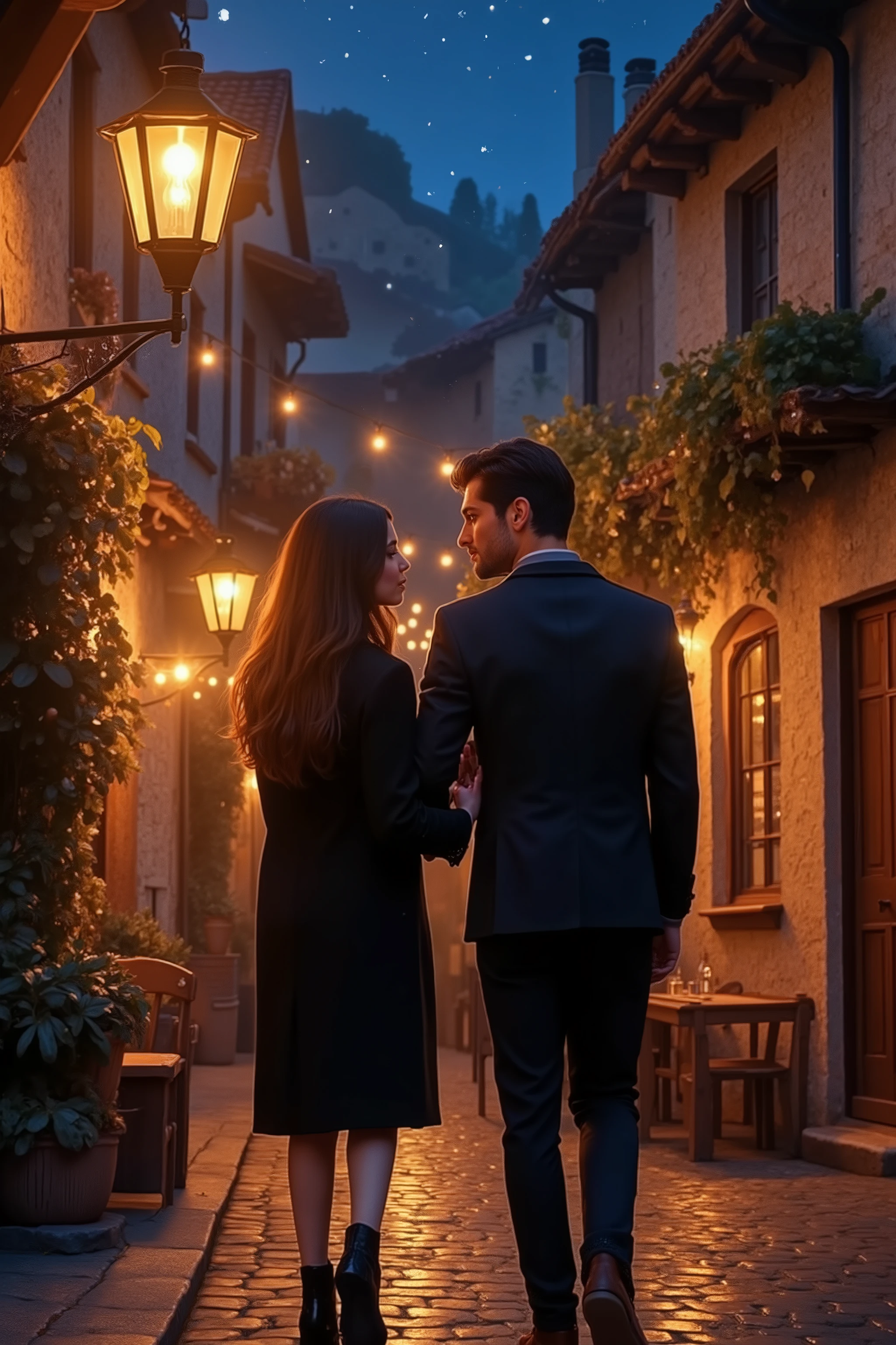 💋 : Romantic night walk in the village

🌟 : Ultra-realistisch, 4K, cinematisch, inspired by urban night photography with a warm glow  
🌌 : Village street at night, Lights from thousands of houses, soft street lamps, Starry Sky, urbane Ruhe  
😈 : Sexy woman with slim figure, in an elegant black coat, hook with their loved one under; he in a dark suit, warm smile  
🔥 : Both stroll hand in hand, look at each other in love, the night full of stories and intimacy