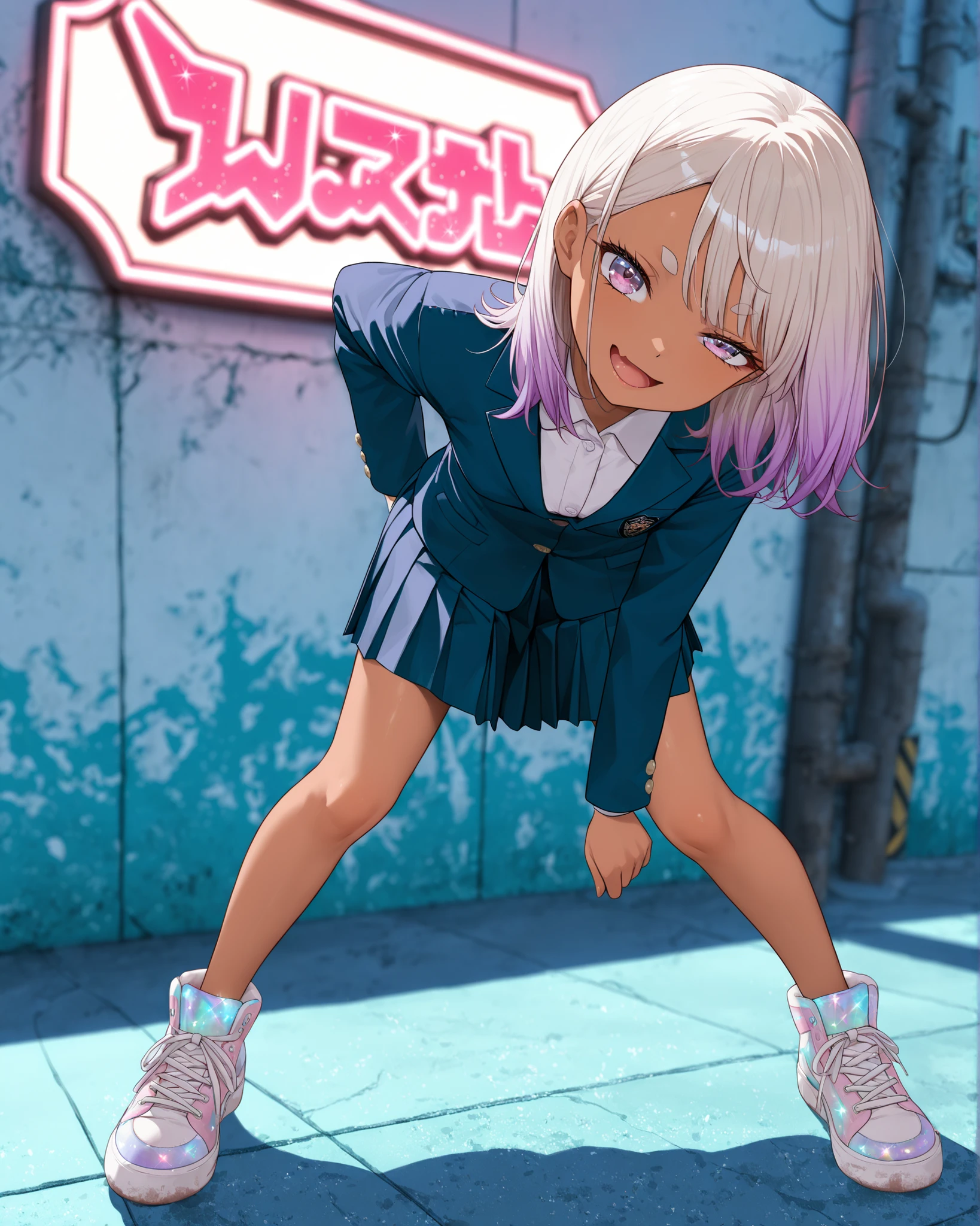 fujimoto, ((Fujimoto Tatsuki style)), ((Masterpiece)), ((best quality, amazing quality)), ((very aesthetic, absurdres, newest)), ((detailed background, negative space, blurry background, depth of field, Asymmetrical background)), (wide shot, from front), ((1girl)), Cute young Girl, (Healthy Gaunt body, Textured skin, small breast, tilt head), ((brown-skin)), Glossy hair, (Asymmetrical bangs, long side bangs), (medium hair, platinum-gold hair, unruly hair, gradient hair), ((seductive smile, open mouth)), skin fang, (pale purple eyes, glitter eyes, gradient eyes, uneven eyes, peering into the viewer), big eyes, (short eyebrows), glossy lips, pouty lips, (lower eyelashes), BREAK, (open Cute blazer school uniform, Navy blue blazer, white buttoned shirt), (school uniform skirt, pleated skirt), (Thick-soled Sneakers, Sneakers shining in pastel colors)), Beautiful neckline, (hands in blazer pocket), ((loose standing leaning forward, Graffitied wall, legs apart, Flashy graffiti)), neon sign, outdoor, English sign, dirty cityscape, Scattered rubbles, aged Asphalt,
