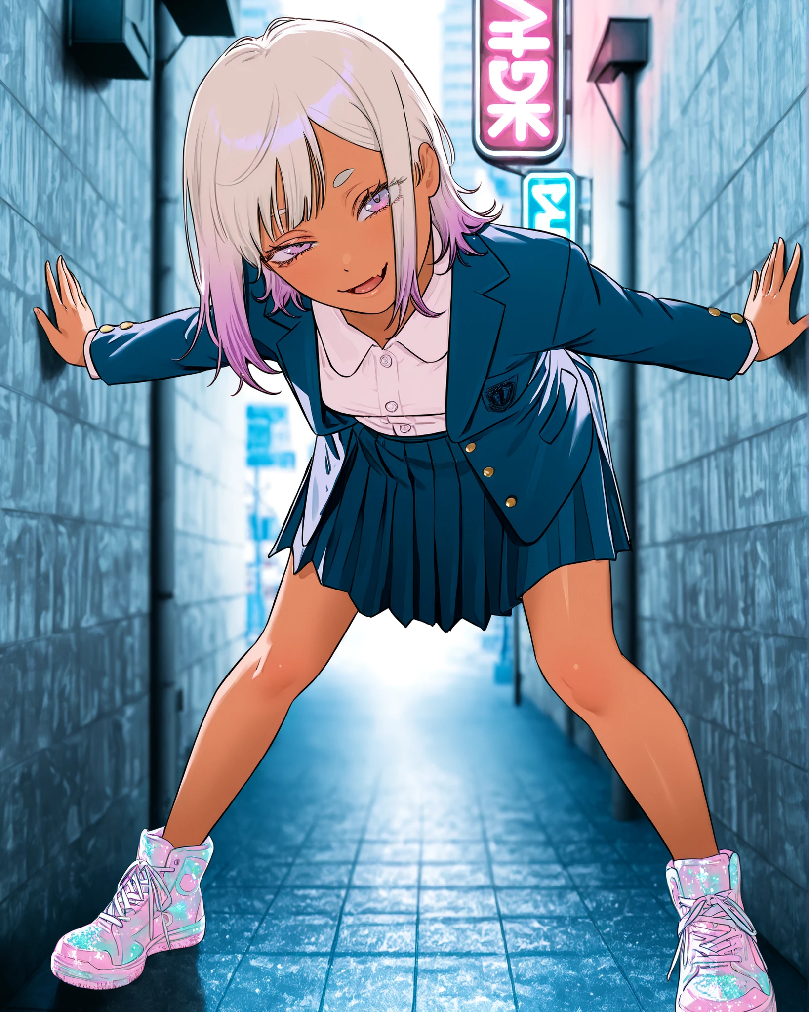 FujimotoMangaStyle, fujimoto, ((Fujimoto Tatsuki style)), ((Masterpiece)), ((best quality, amazing quality)), ((very aesthetic, absurdres, newest)), ((detailed background, negative space, blurry background, depth of field, Asymmetrical background)), (wide shot, from front), ((1girl)), Cute young Girl, (Healthy Gaunt body, Textured skin, small breast, tilt head), ((brown-skin)), Glossy hair, (Asymmetrical bangs, long side bangs), (medium hair, platinum-gold hair, unruly hair, gradient hair), ((seductive smile, open mouth)), skin fang, (pale purple eyes, glitter eyes, gradient eyes, uneven eyes, peering into the viewer), big eyes, (short eyebrows), glossy lips, pouty lips, (lower eyelashes), BREAK, (open Cute blazer school uniform, Navy blue blazer, white buttoned shirt), (school uniform skirt, pleated skirt), (Thick-soled Sneakers, Sneakers shining in pastel colors)), Beautiful neckline, (hands in blazer pocket), ((loose standing leaning forward, Graffitied wall, legs apart, Flashy graffiti)), neon sign, outdoor, English sign, dirty cityscape, Scattered rubbles, aged Asphalt,