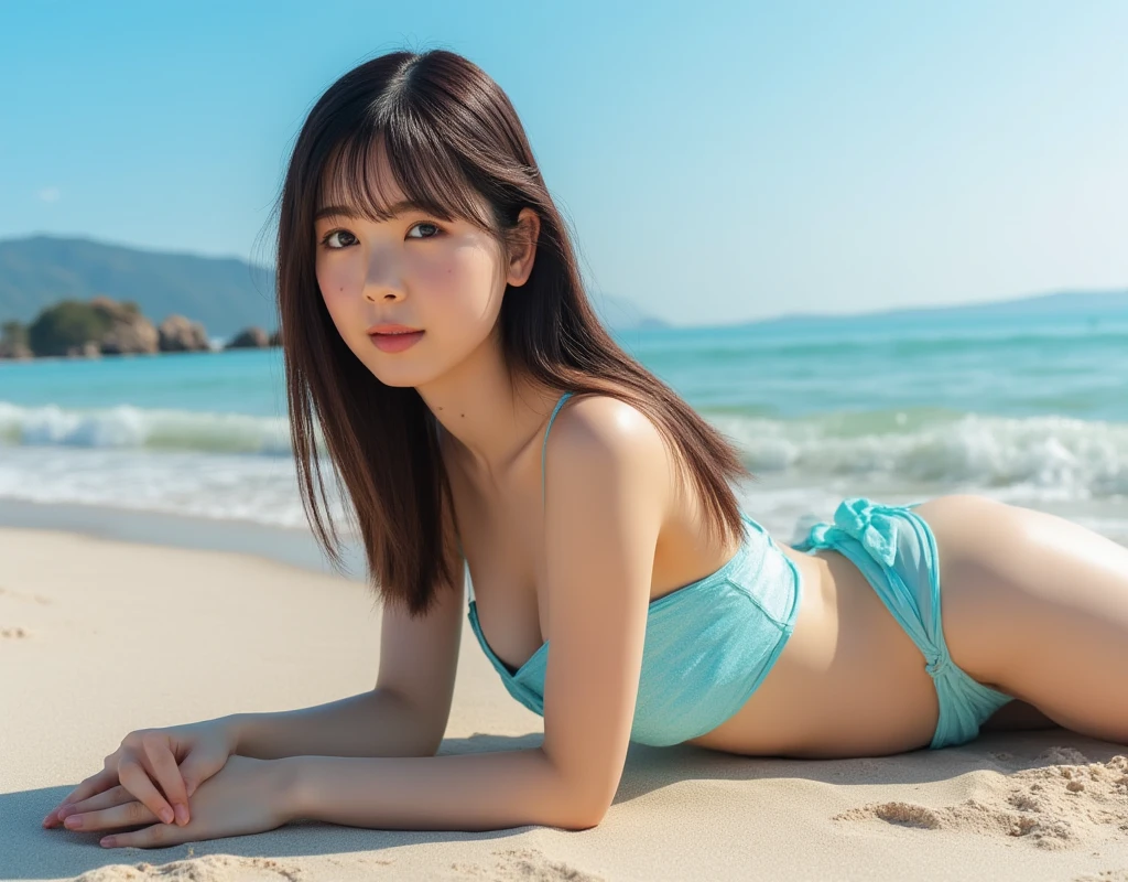 Korean girl, long hair, back to the sea, ??????, smiling