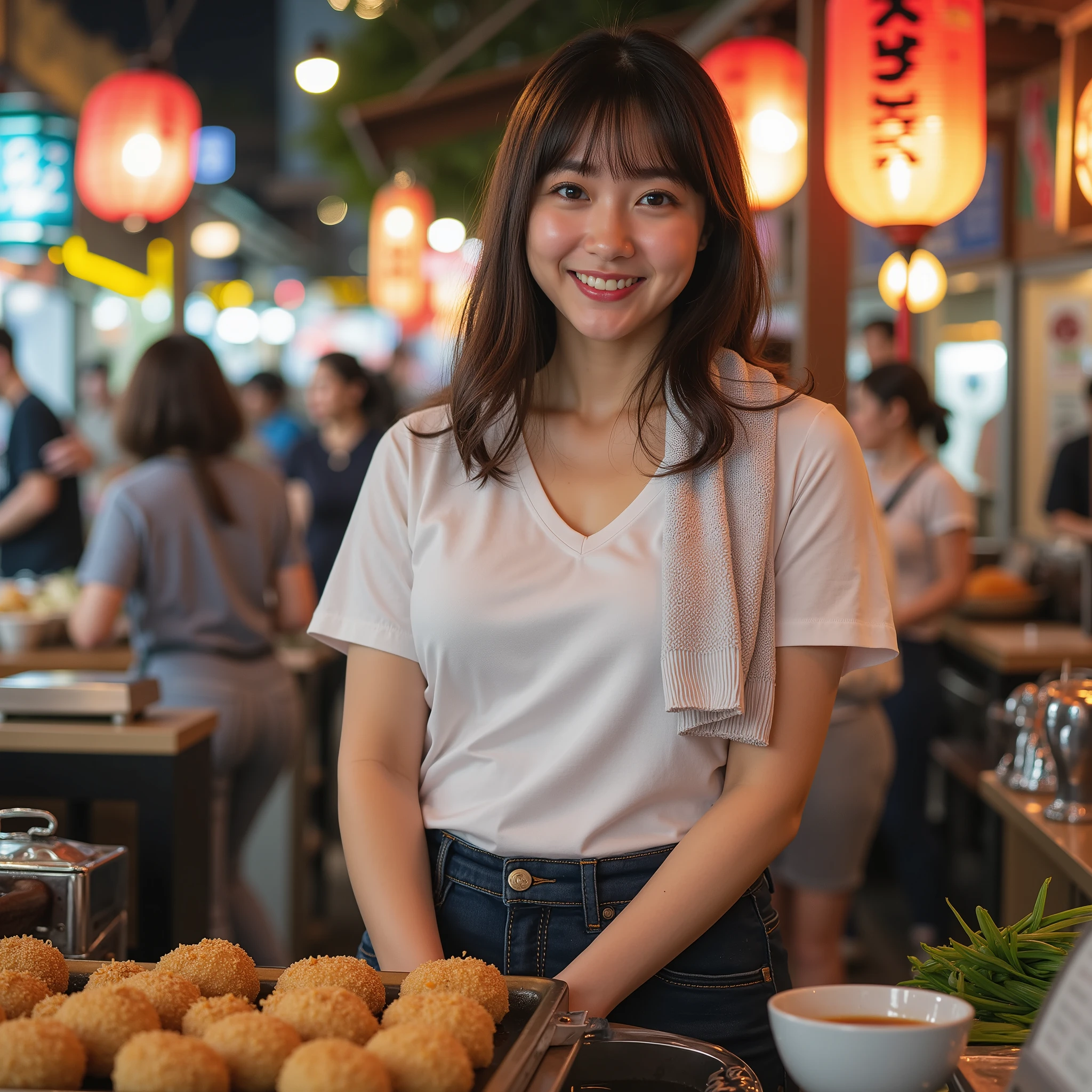 『one Japanese woman:1 . 3』『Real pictures:1 . 3』Highest Quality:1 . 2、((big boobs))、showing a little cleavage、((A young woman aged 20))、『show your teeth and laugh:1 . 9』、(((Anatomically Correct、perfect anatomy、Anatomically Correct指)))、slender body 、 real 、 Highest Quality 、 ultra high res 、 RAW pictures 、 (Curvy Body)、Full Body 、 looks and smiles like an idol 、 Amoya 。 a woman grilling takoyaki at a stall 。 Burn A pickaxe is placed on the iron plate for 。baking takoyaki 。 jeans on a white v-neck t-shirt、Wear a black apron 、 with a towel wrapped around the neck。green onions around the takoyaki machine 、 Dried bonito 、 and a tapper with sauce is placed。 night 。 the festival lantern is lit 。 takoyaki is round 。 is round and brown 。
