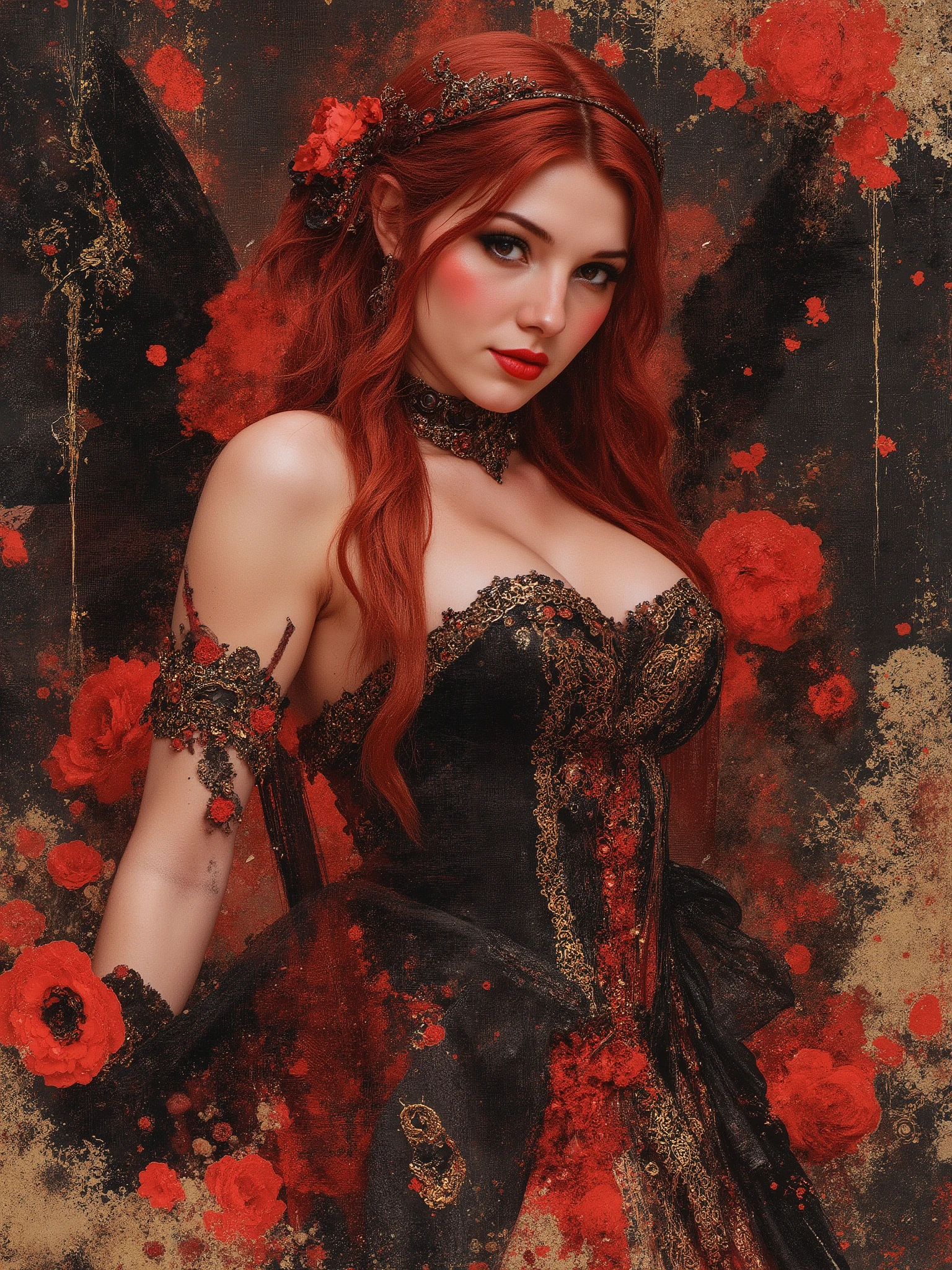 masterpiece, very aesthetic, best quality, newest, absurdres, highres, very stylized with gold filigree
BREAK
Regal full figured queen, very expressive face denoting satisfaction,  watercolor, 1girl, magical girl, redheaded majestic angel, red and black theme, gothic strapless corset dress, dmai