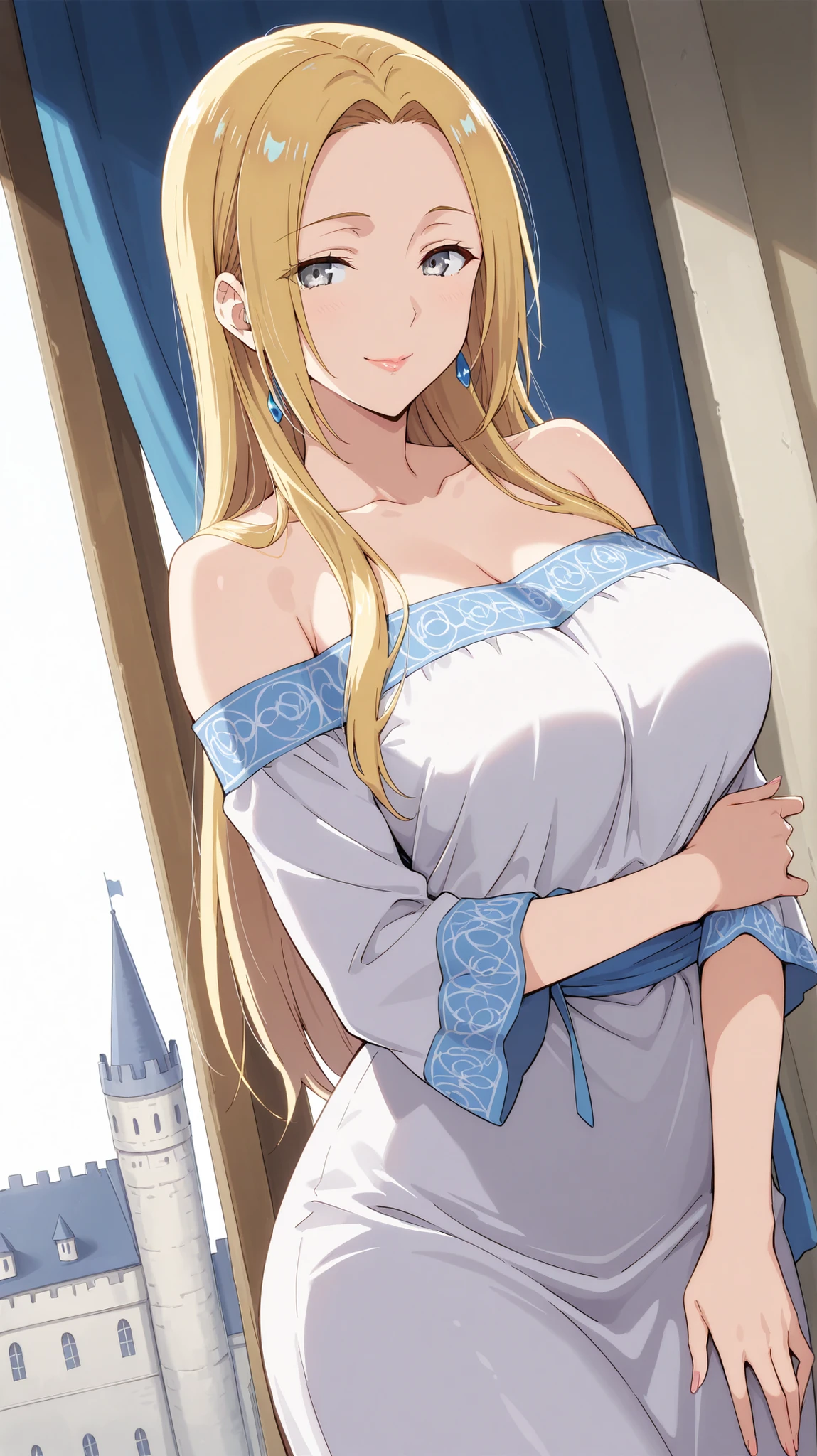 ((Studio: Pierrot)) masterpiece , best quality , highly detailed , ultra high res , Score_9, Score_8_up, Score_7_up, perfect anatomy, detailed fingers, detailed eyes, cowboy shot, dutch angle, focus on face, masterpiece, detailed anime, Sharp Focus, lady, JK, detailed face, detailed grey eyes, smile, semi-long hair, blonde hair silky hair, forehead, sliced back hair, mature woman, over hair eye, long straight hair, curious look, lips parted, joy in your eyes, knee, gypsy girl , big breasts, (off-shoulder, beautiful European long low-cut dress) prom, castle ball