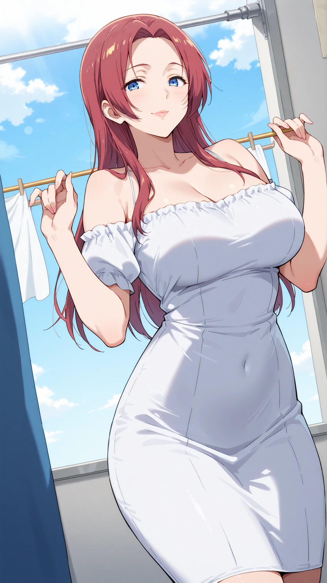 ((Studio: Pierrot)) masterpiece , best quality , highly detailed , ultra high res , Score_9, Score_8_up, Score_7_up, perfect anatomy, detailed fingers, detailed eyes, cowboy shot, dutch angle, focus on face, masterpiece, detailed anime, Sharp Focus, lady, JK, detailed face, detailed blue eyes, smile, semi-long hair, bronw hair silky hair, forehead, sliced back hair, mature woman, over hair eye, long straight hair, curious look, lips parted, joy in your eyes, knee, peasant girl , big breasts, (off-the-shoulder dress, short sleeves) clothesline in the field