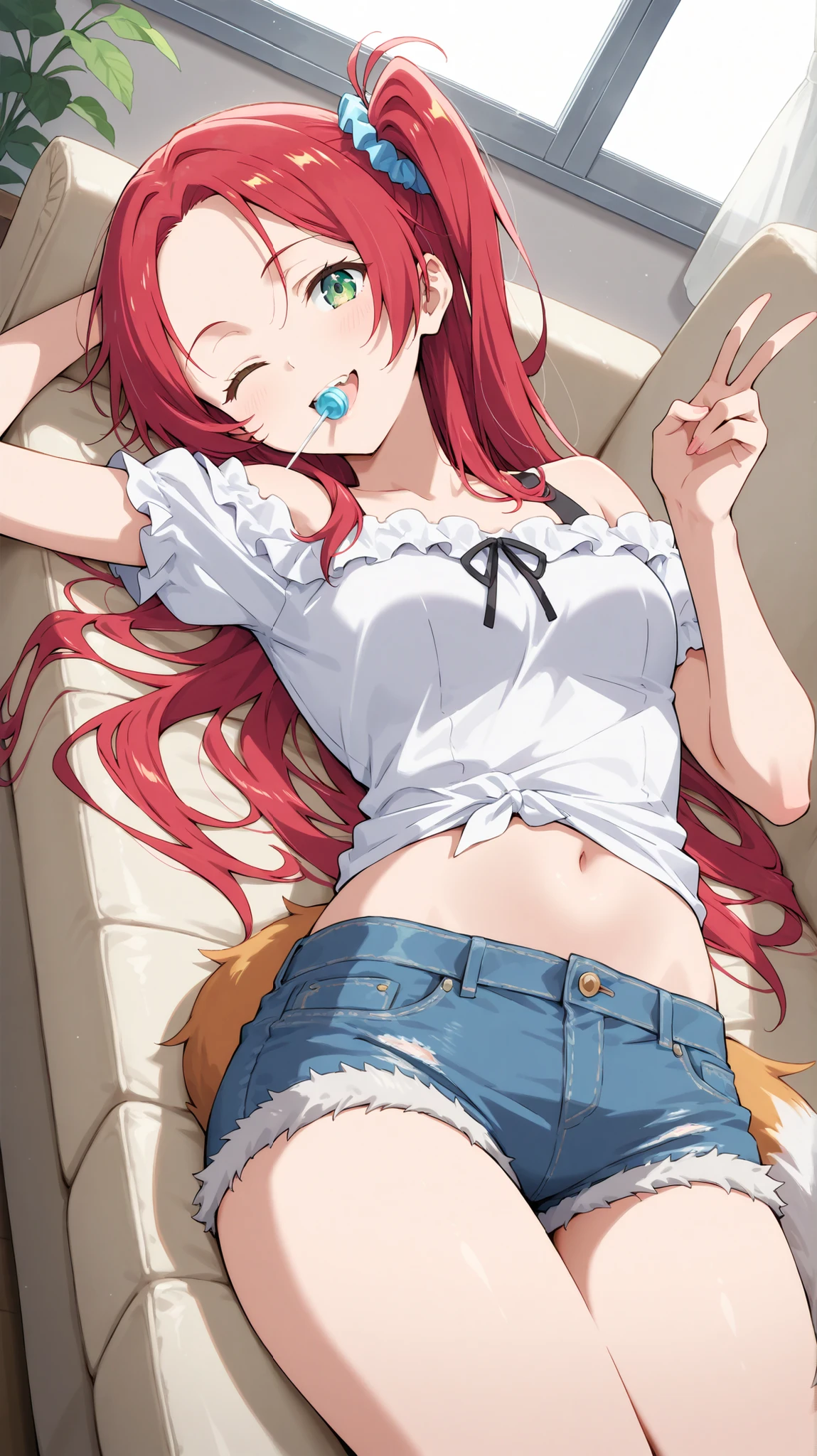 ((Studio: Pierrot)) masterpiece , best quality , highly detailed , ultra high res , Score_9, Score_8_up, Score_7_up, perfect anatomy, detailed fingers, detailed eyes, cowboy shot, dutch angle, focus on face, masterpiece, detailed anime, Sharp Focus, lady, JK, detailed face, detailed green eyes, semi-long hair, red hair silky hair, forehead, sliced back hair, side ponytail, wink and lollipop in the mouth, open smile, joy in your eyes, navel, peace sign, knee, hacker girl , (off-shoulder, denim shorts) lying down, sofa, fox tail