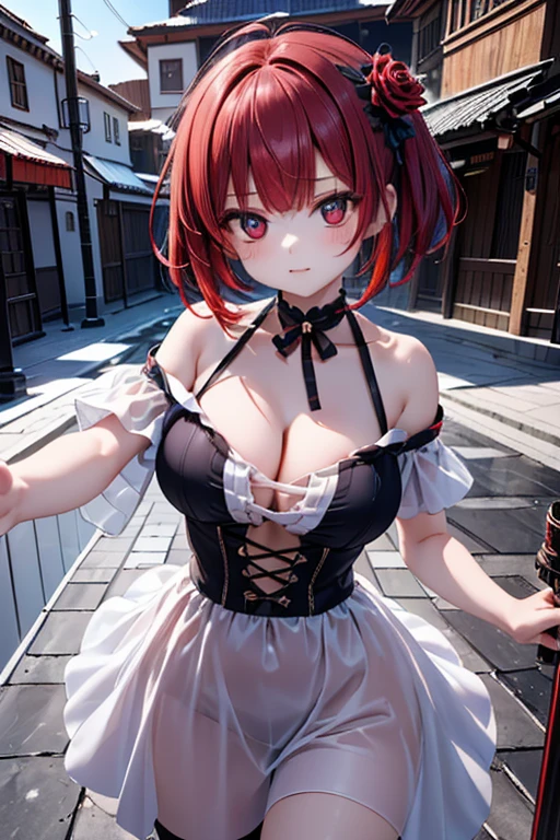 ((1young girl, red hair, short bob, brown eyes)), (best quality), (ultra-detailed), illustration, (detailed light), (an extremely delicate and beautiful), (mortifying:1.2), (angly:1.2) black ???? armor, ((arms is restrained to chair behind back by red rope)), from above, (Beautiful ?????????????:1.3), best quality, extremely detailed CG unified 8k wallpaper, High-definition raw color photos, professional photography, (((Bokeh))), Inside the room of mountain hut,