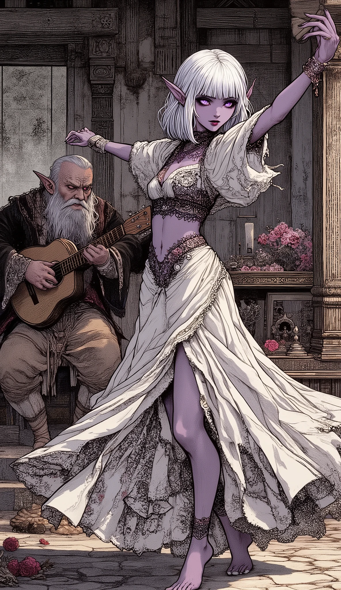 (The fusion of ukiyo-e and dark fantasy. Aesthetic, gothic-style digital art. Detailed facial rendering. Two female elves.) BREAK
(Translucent white hair. Straight-across bangs. White eyebrows. Long white eyelashes. Almond-shaped eyes. Lavender-colored irises. Thick, dark eyeliner. Small pink lips. Slightly pointed ears. Dark purple skin. Slender limbs. Thin fingers. White nails. Draw one thumb and four fingers precisely.) BREAK
(The stage of a stylish tavern in medieval Spain. A long-haired male guitarist strums his flamenco guitar with single-minded passion. A dark elf woman dances flamenco sensually, facing sideways with large movements and bold poses, then strikes a decisive pose with her arms raised high. The dark elf woman wears a sexy, undergarment-style flamenco dress in a medieval gypsy style, made of white, sheer fabric with black and red embroidery. She wears multiple bracelets and anklets. Barefoot. She holds a single rose in her mouth.)
