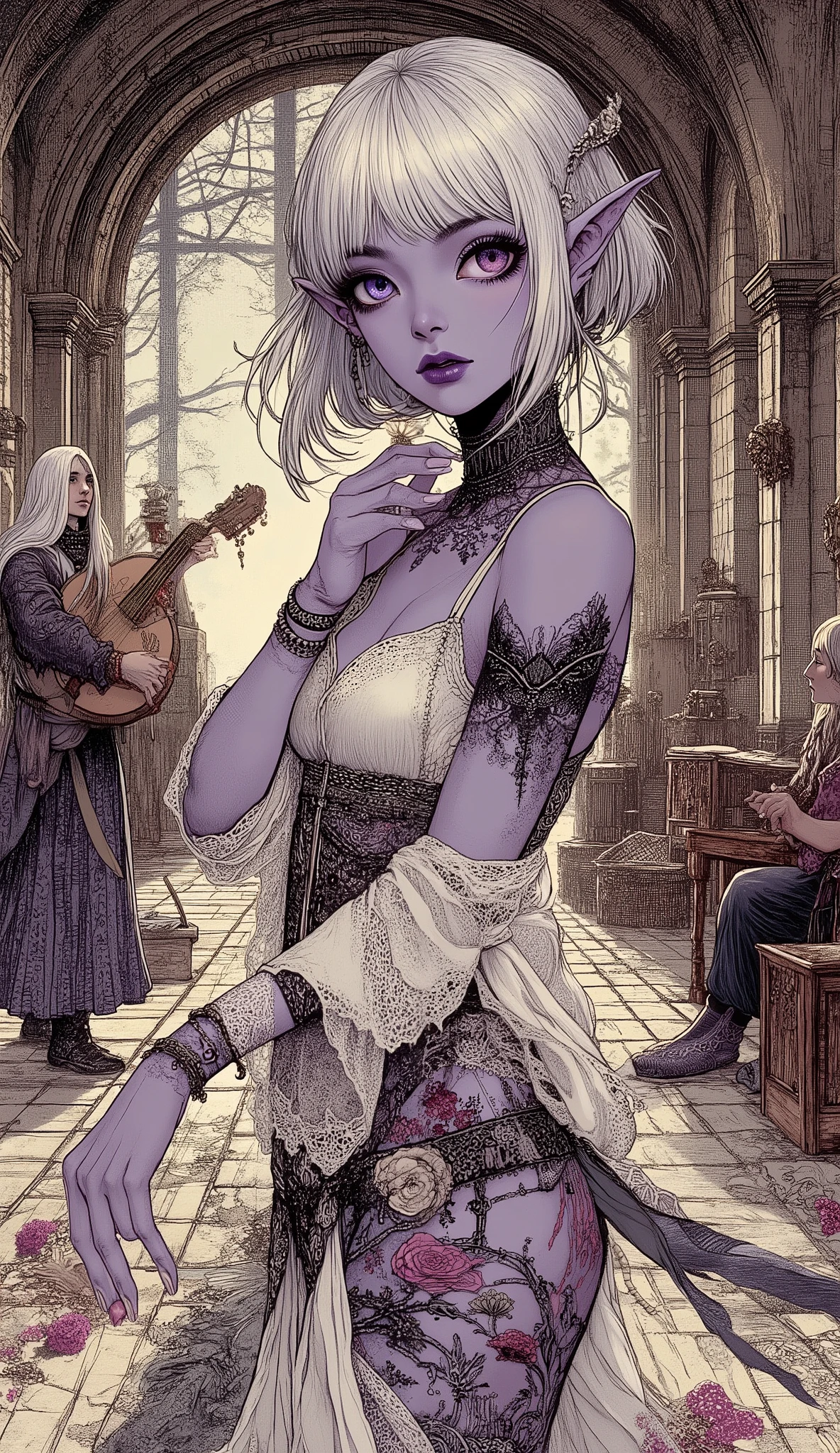 (The fusion of ukiyo-e and dark fantasy. Aesthetic, gothic-style digital art. Detailed facial rendering. Two female elves.) BREAK
(Translucent white hair. Straight-across bangs. White eyebrows. Long white eyelashes. Almond-shaped eyes. Lavender-colored irises. Thick, dark eyeliner. Small pink lips. Slightly pointed ears. Dark purple skin. Slender limbs. Thin fingers. White nails. Draw one thumb and four fingers precisely.) BREAK
(The stage of a stylish tavern in medieval Spain. A long-haired male guitarist strums his flamenco guitar with single-minded passion. A dark elf woman dances flamenco sensually, facing sideways with large movements and bold poses, then strikes a decisive pose with her arms raised high. The dark elf woman wears a sexy, undergarment-style flamenco dress in a medieval gypsy style, made of white, sheer fabric with black and red embroidery. She wears multiple bracelets and anklets. Barefoot. She holds a single rose in her mouth.)