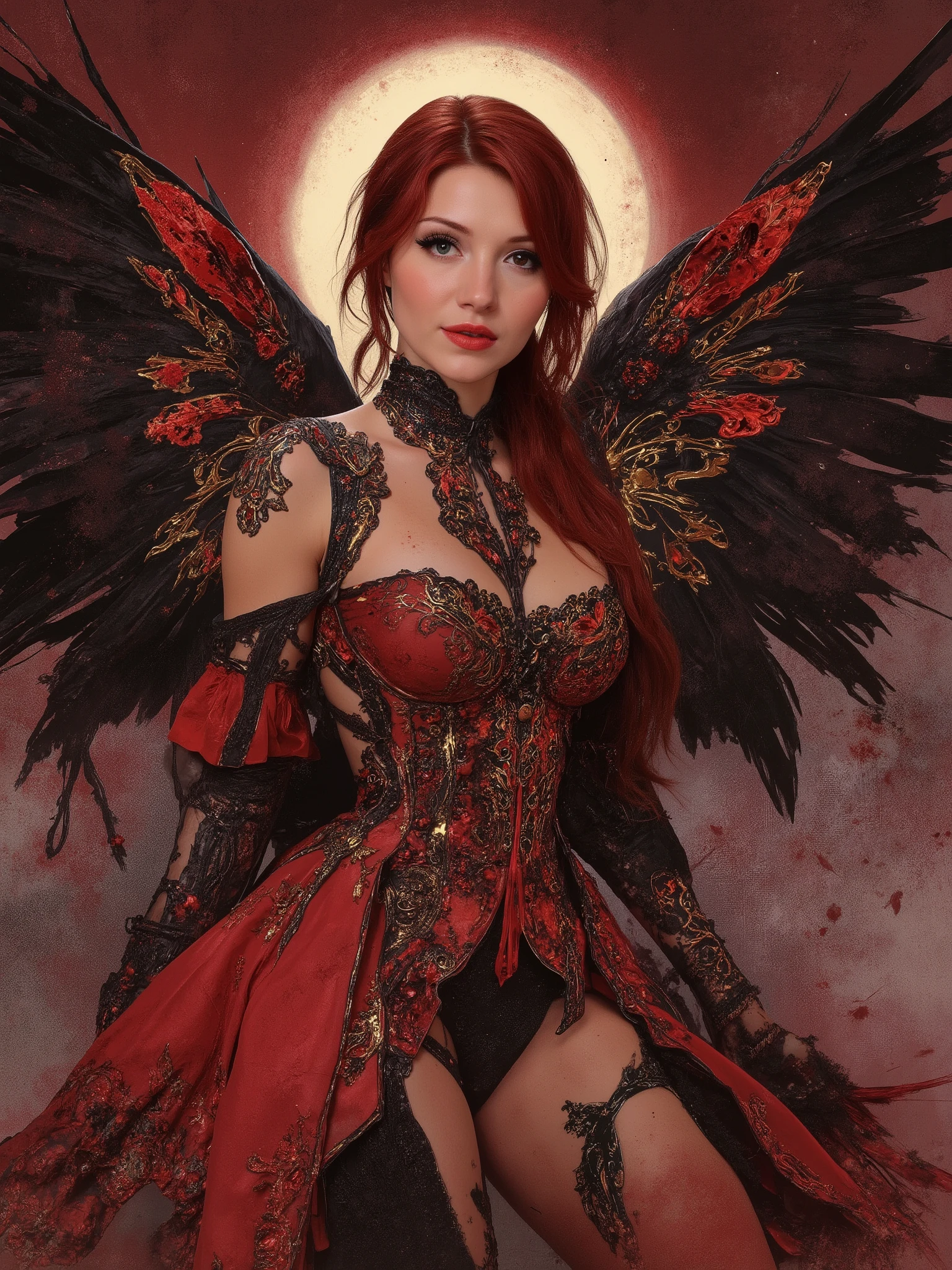 masterpiece, very aesthetic, best quality, newest, absurdres, highres, very stylized with gold filigree
BREAK
Regal full figured queen, very expressive face denoting satisfaction, anatomically correct body, perfect hands,  watercolor, 1girl, magical girl, redheaded majestic angel, red and black theme, gothic strapless corset dress, dmai