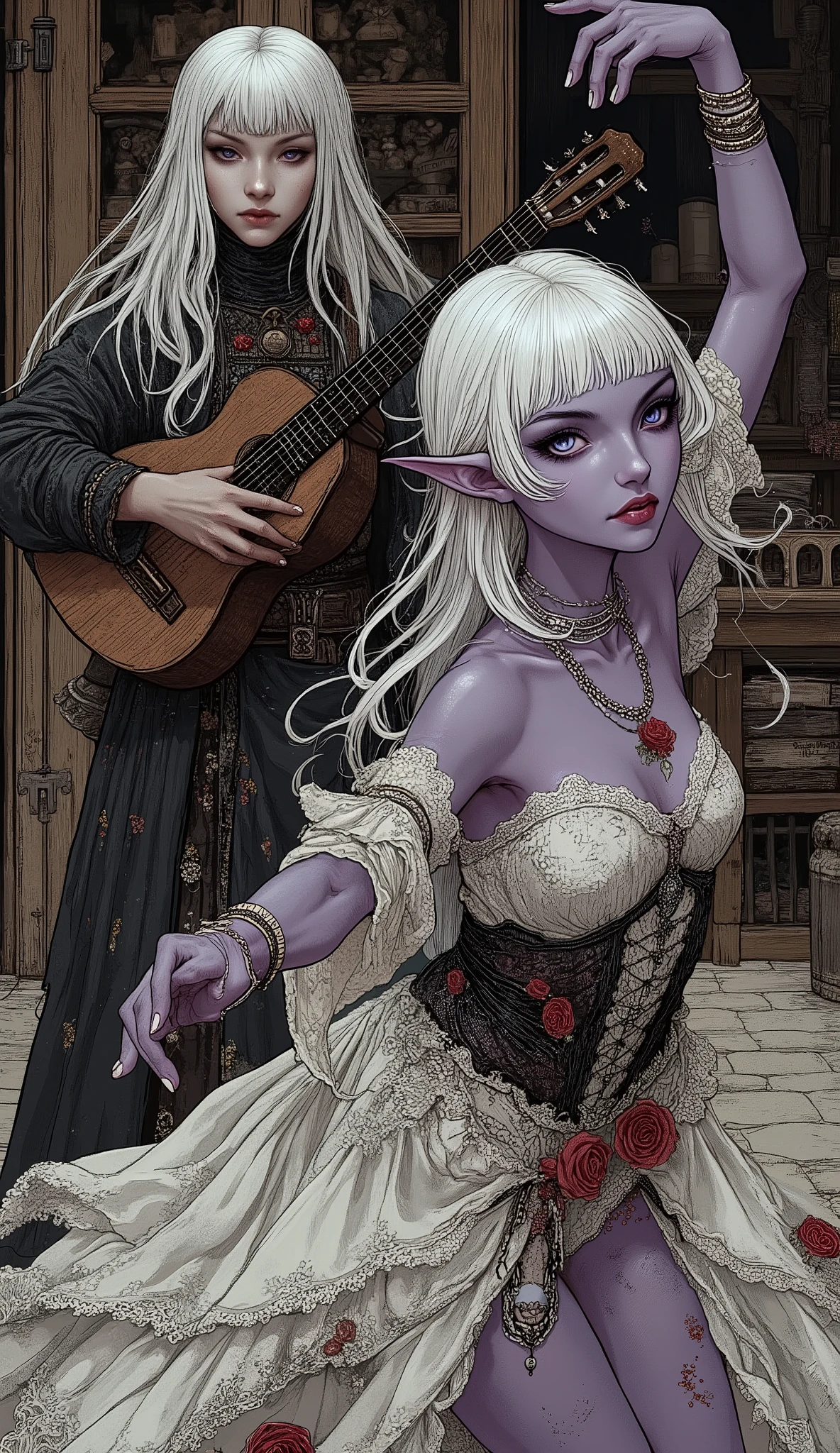 (The fusion of ukiyo-e and dark fantasy. Aesthetic, gothic-style digital art. Detailed facial rendering. Two female elves.) BREAK
(Translucent white hair. Straight-across bangs. White eyebrows. Long white eyelashes. Almond-shaped eyes. Lavender-colored irises. Thick, dark eyeliner. Small pink lips. Slightly pointed ears. Dark purple skin. Slender limbs. Thin fingers. White nails. Draw one thumb and four fingers precisely.) BREAK
(The stage of a stylish tavern in medieval Spain. A long-haired male guitarist strums his flamenco guitar with single-minded passion. A dark elf woman dances flamenco sensually, facing sideways with large movements and bold poses, then strikes a decisive pose with her arms raised high. The dark elf woman wears a sexy, undergarment-style flamenco dress in a medieval gypsy style, made of white, sheer fabric with black and red embroidery. She wears multiple bracelets and anklets. Barefoot. She holds a single rose in her mouth.)