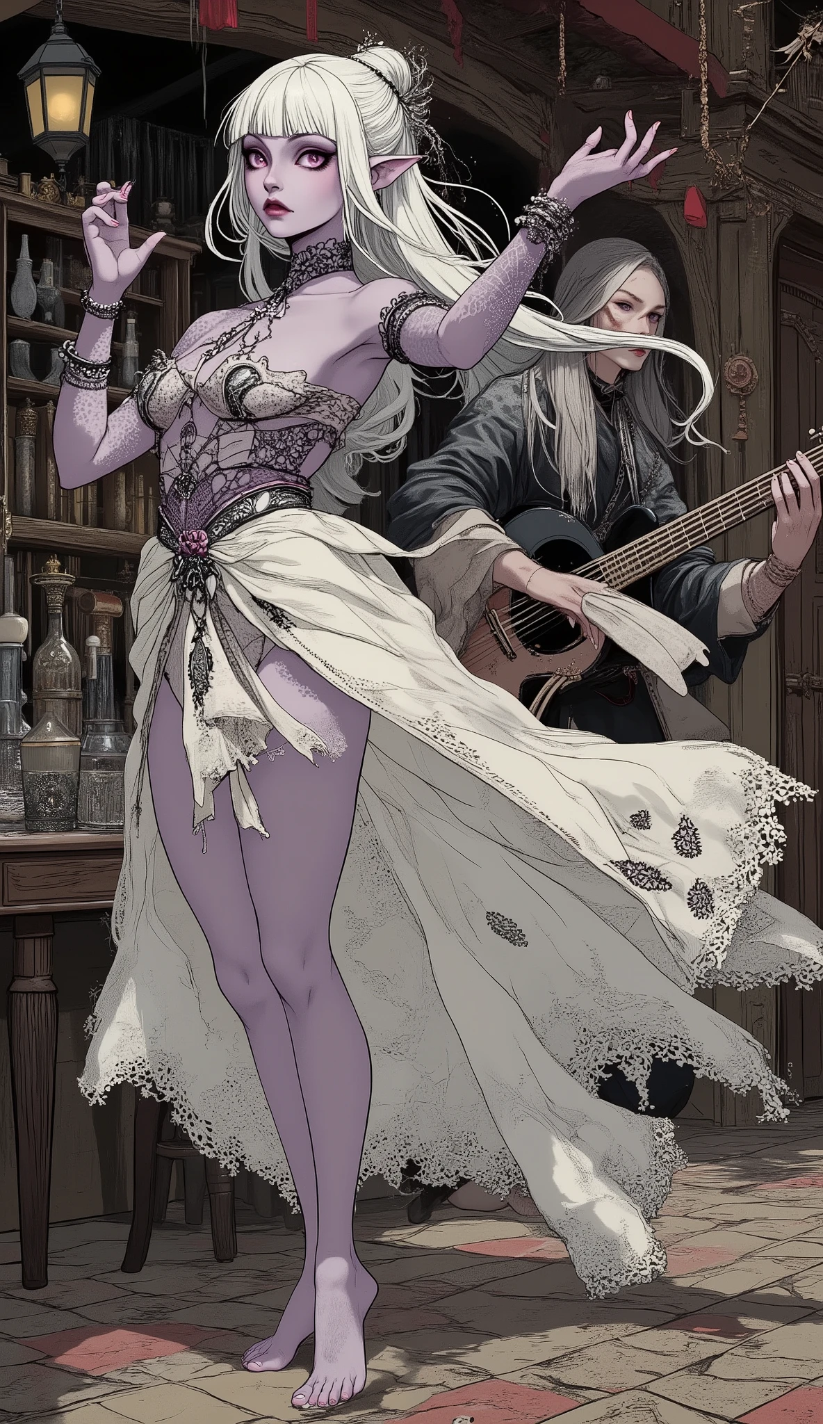 (The fusion of ukiyo-e and dark fantasy. Aesthetic, gothic-style digital art. Detailed facial rendering. Two female elves.) BREAK
(Translucent white hair. Straight-across bangs. White eyebrows. Long white eyelashes. Almond-shaped eyes. Lavender-colored irises. Thick, dark eyeliner. Small pink lips. Slightly pointed ears. Dark purple skin. Slender limbs. Thin fingers. White nails. Draw one thumb and four fingers precisely.) BREAK
(The stage of a stylish tavern in medieval Spain. A long-haired male guitarist strums his flamenco guitar with single-minded passion. A dark elf woman dances flamenco sensually, facing sideways with large movements and bold poses, then strikes a decisive pose with her arms raised high. The dark elf woman wears a sexy, undergarment-style flamenco dress in a medieval gypsy style, made of white, sheer fabric with black and red embroidery. She wears multiple bracelets and anklets. Barefoot. She holds a single rose in her mouth.)