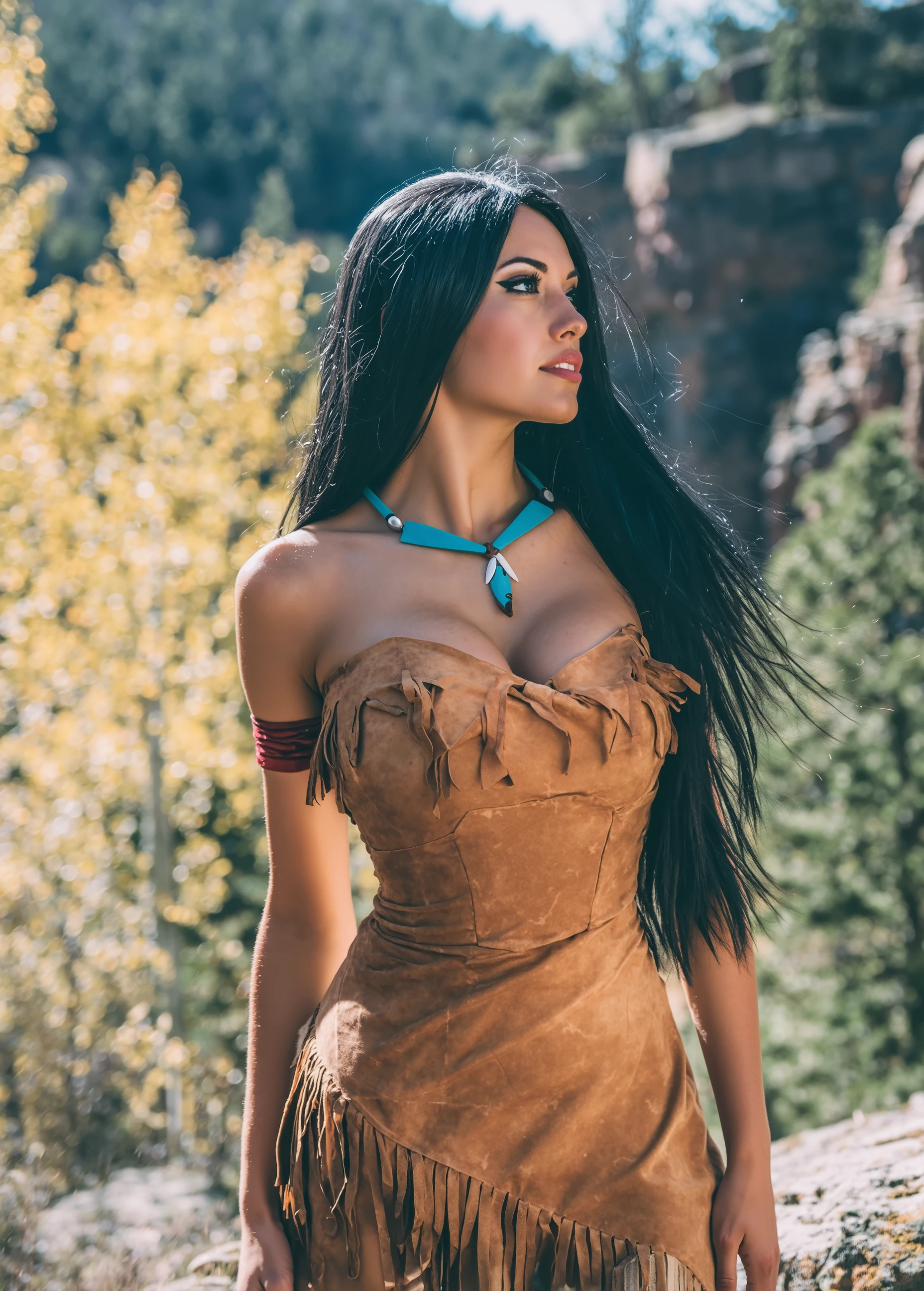 Create a photorealistic image of a cosplayer dressed as Pocahontas from the Disney movie. The cosplayer should be wearing Pocahontas's signature outfit: a tan or light brown one-shouldered dress made of faux-suede-like material, featuring an asymmetrical hemline and fringe. Her hair should be long, straight, and jet-black, flowing freely. The cosplayer's eyes should be dark brown, almond-shaped, conveying wisdom and a deep connection to nature. Her skin should have a tan or bronze tone. She should be wearing the distinctive blue turquoise necklace with a central pendant. (Optional: include the red armband tattoo on her upper arm). The pose can be graceful and strong, perhaps looking into the distance with the wind blowing through her hair, or gently interacting with nature. The background can be a natural landscape like a forest, riverbank, or cliffside overlooking nature, reminiscent of the film's setting, or a themed convention location. The lighting should be natural, perhaps with sunlight filtering through trees, emphasizing her connection to the earth and the textures of the costume